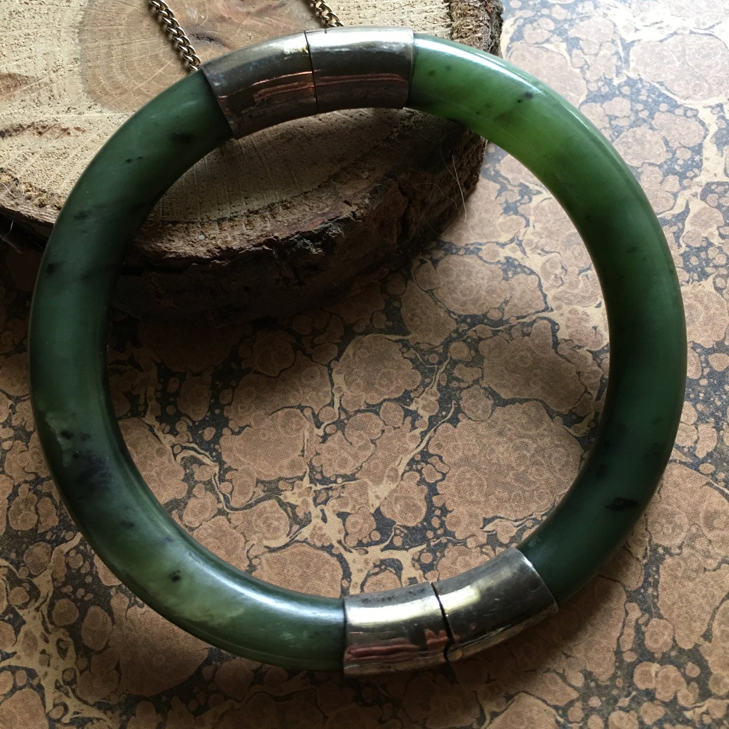 Nephrite Jade Bracelet Spinach Green Safety Chain Bangle 10K gold