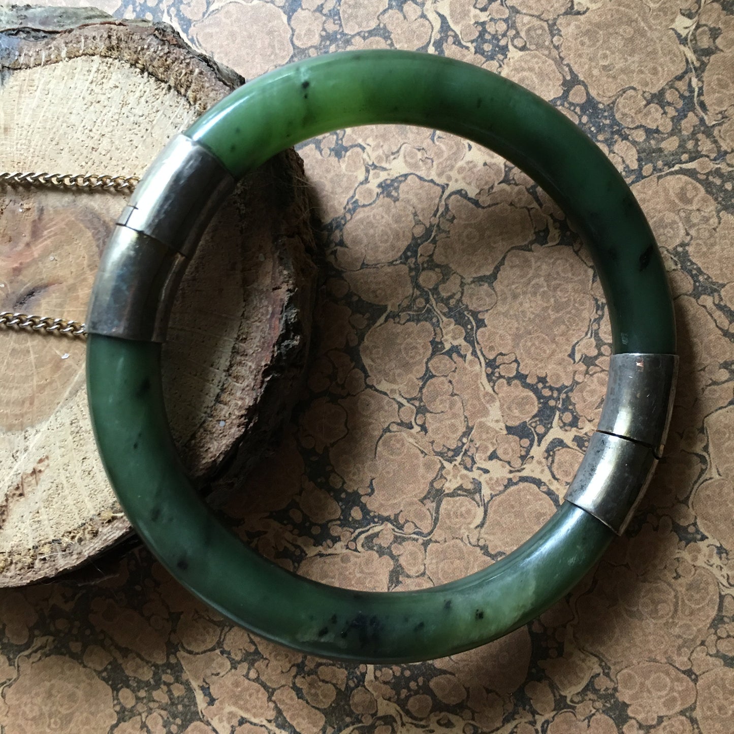 Nephrite Jade Bracelet Spinach Green Safety Chain Bangle 10K gold