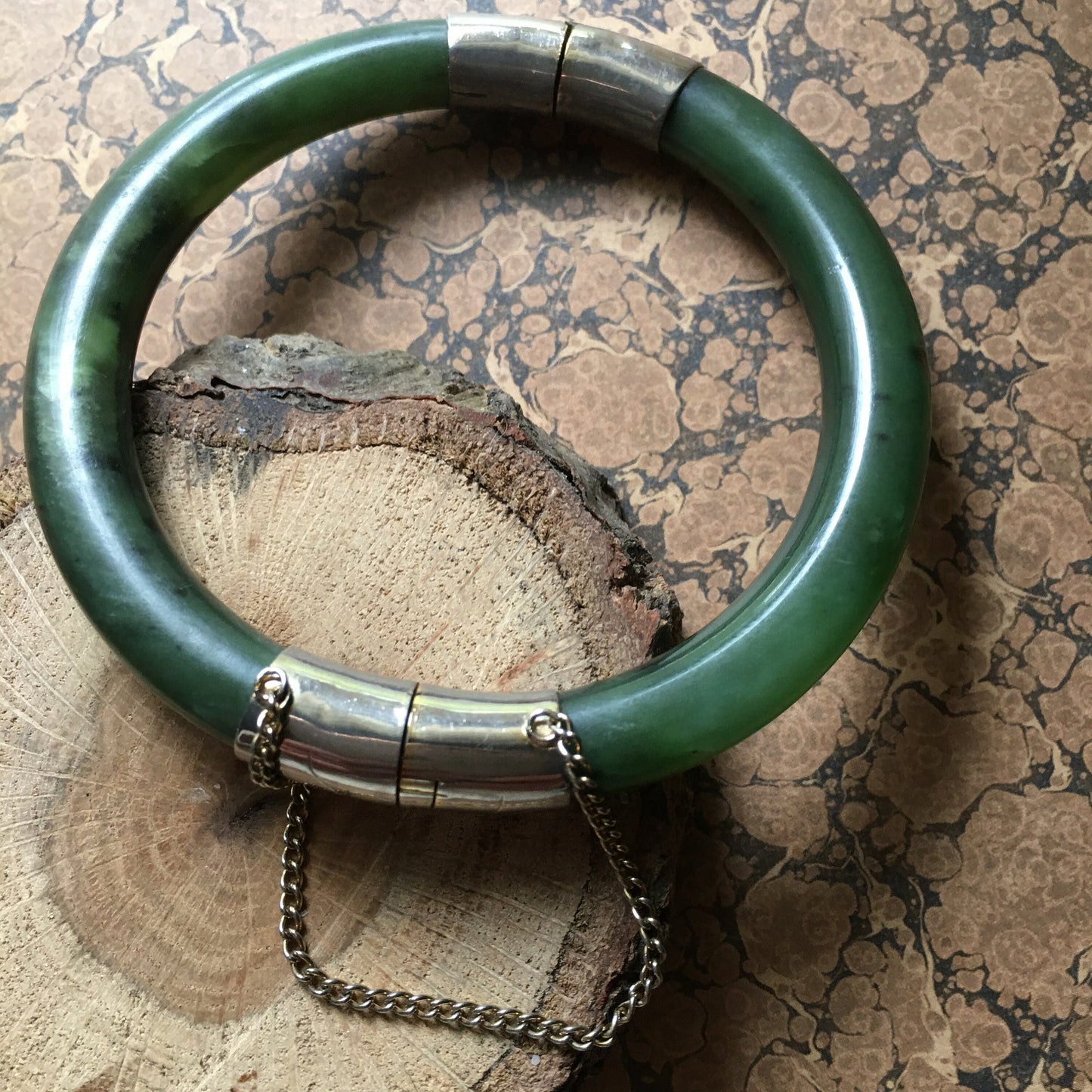 Nephrite Jade Bracelet Spinach Green Safety Chain Bangle 10K gold