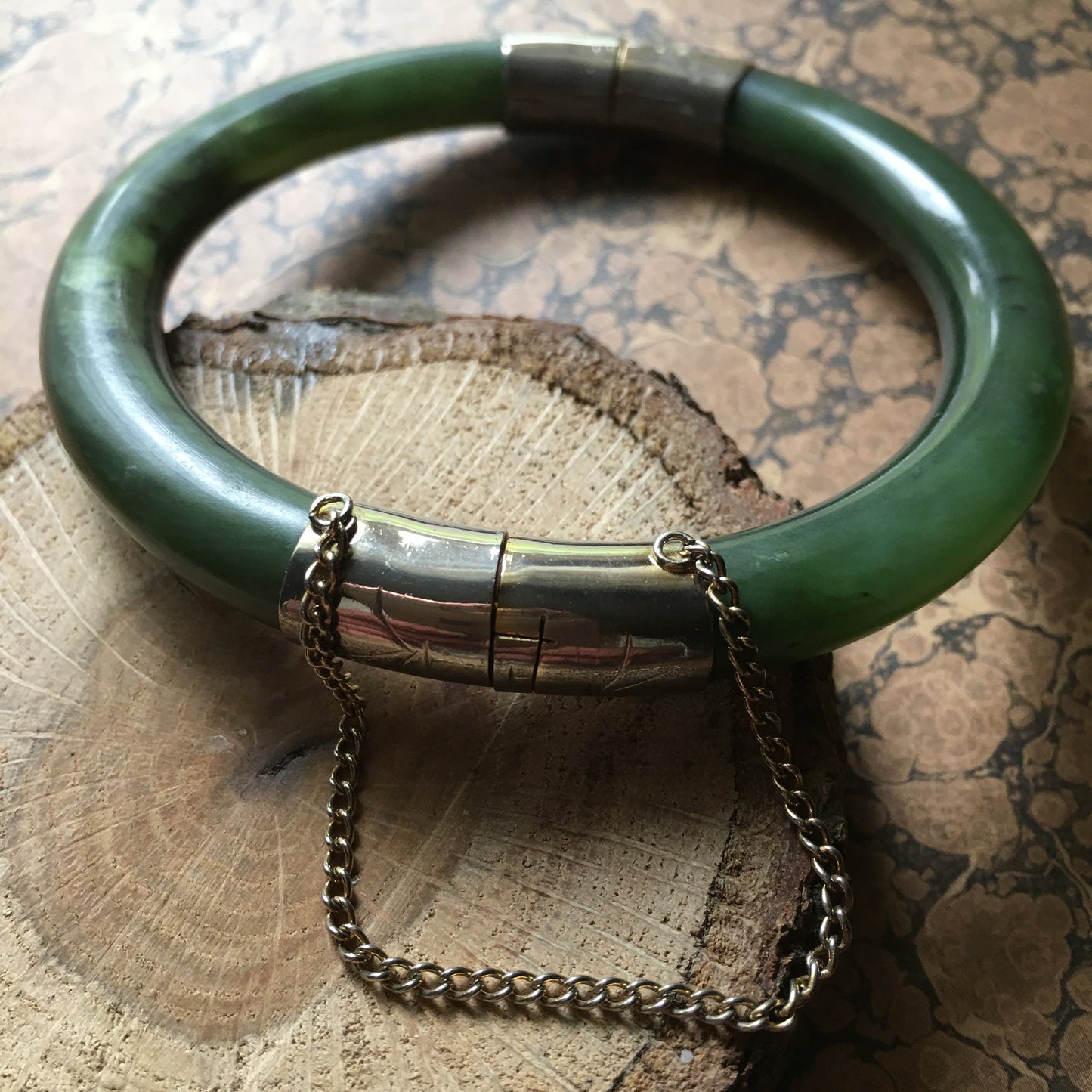 Nephrite Jade Bracelet Spinach Green Safety Chain Bangle 10K gold