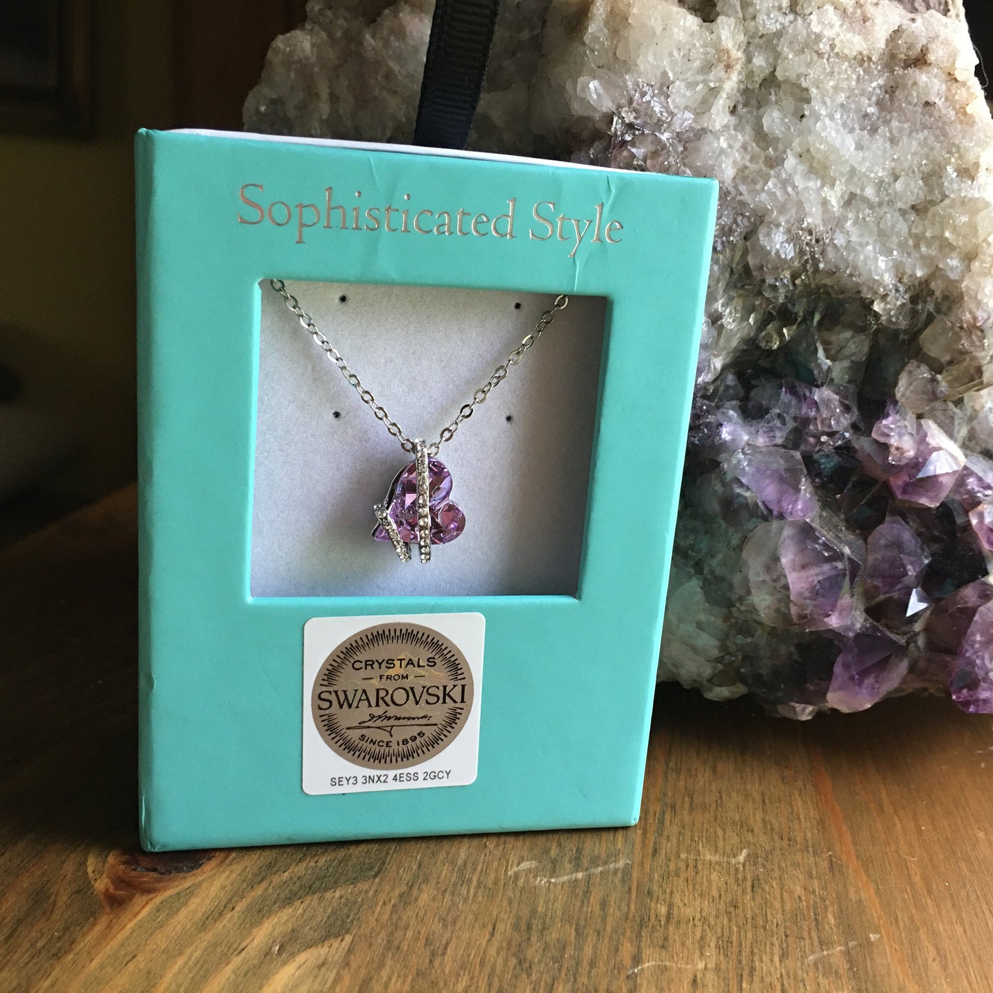 Swarovski Crystal Heart Necklace Lavender White Silver Tone Chain Pendant