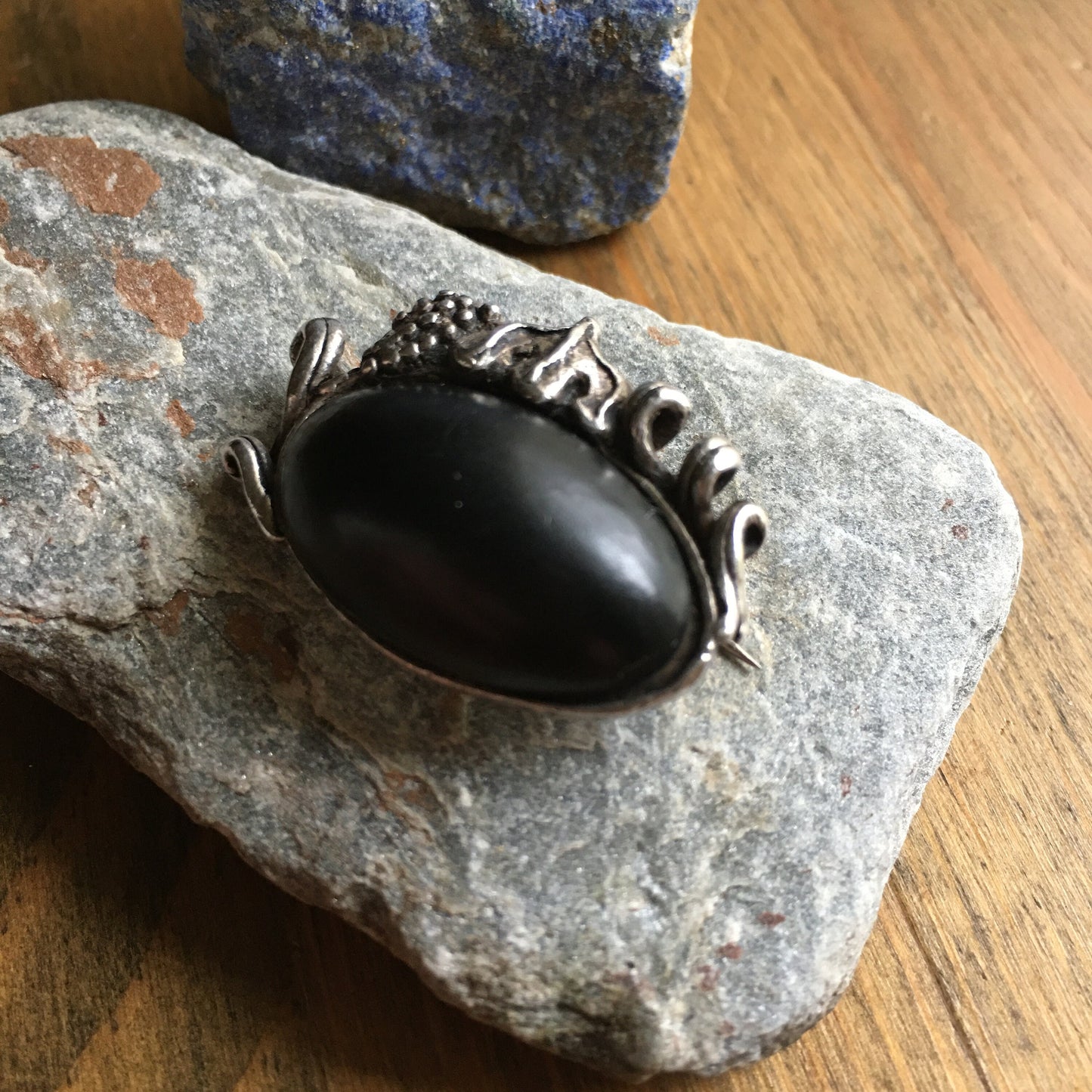 Sterling Silver Brooch Jet Black Resin Vintage Rita Sobral Artisan Handmade Pin