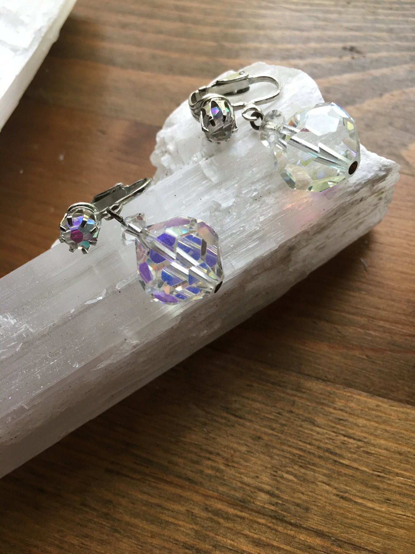 AB Crystal Drop Earrings Signed Laguna Clip On Dangle