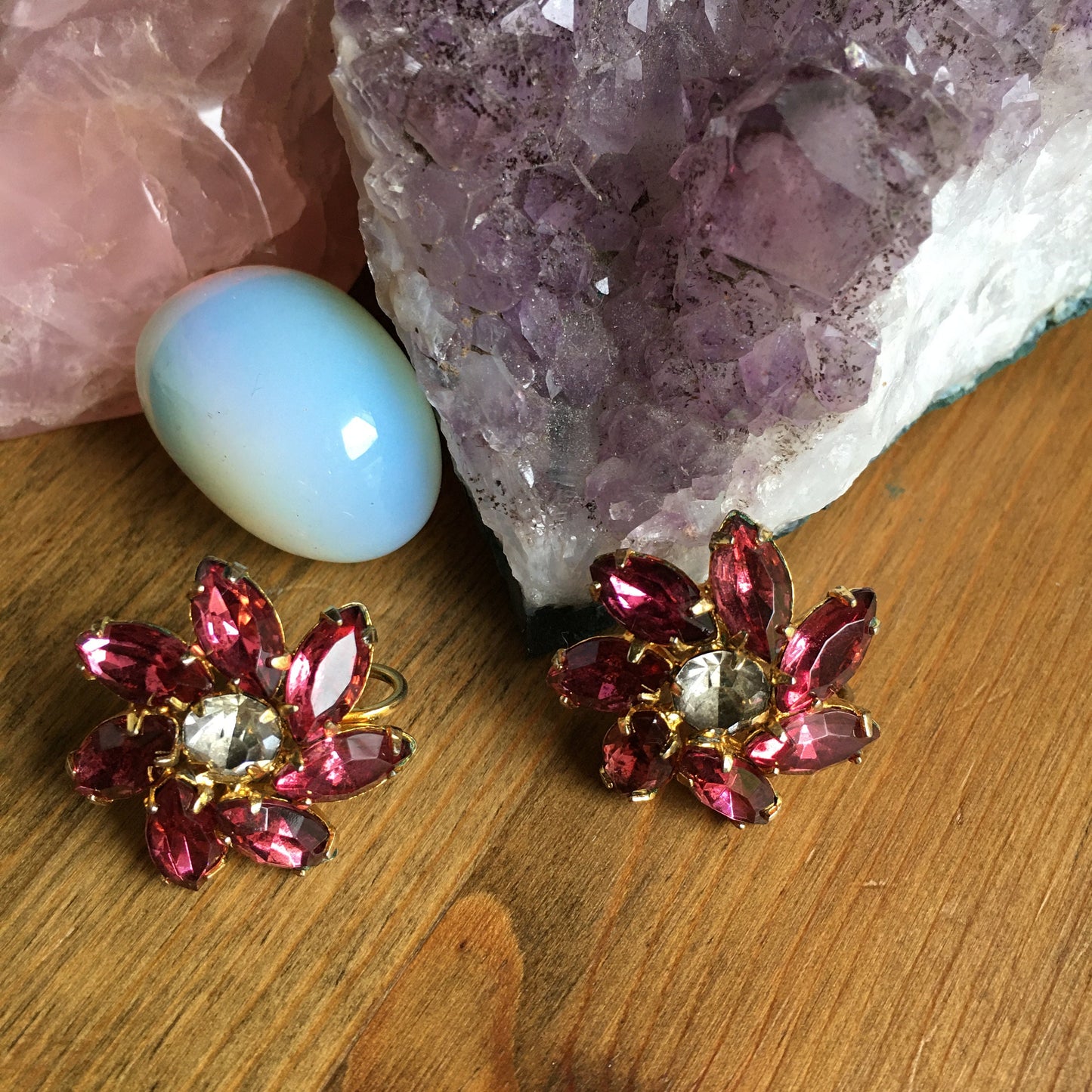 Rhinestone Earrings Rose' Pink Screw back 1950's Women's Fashion