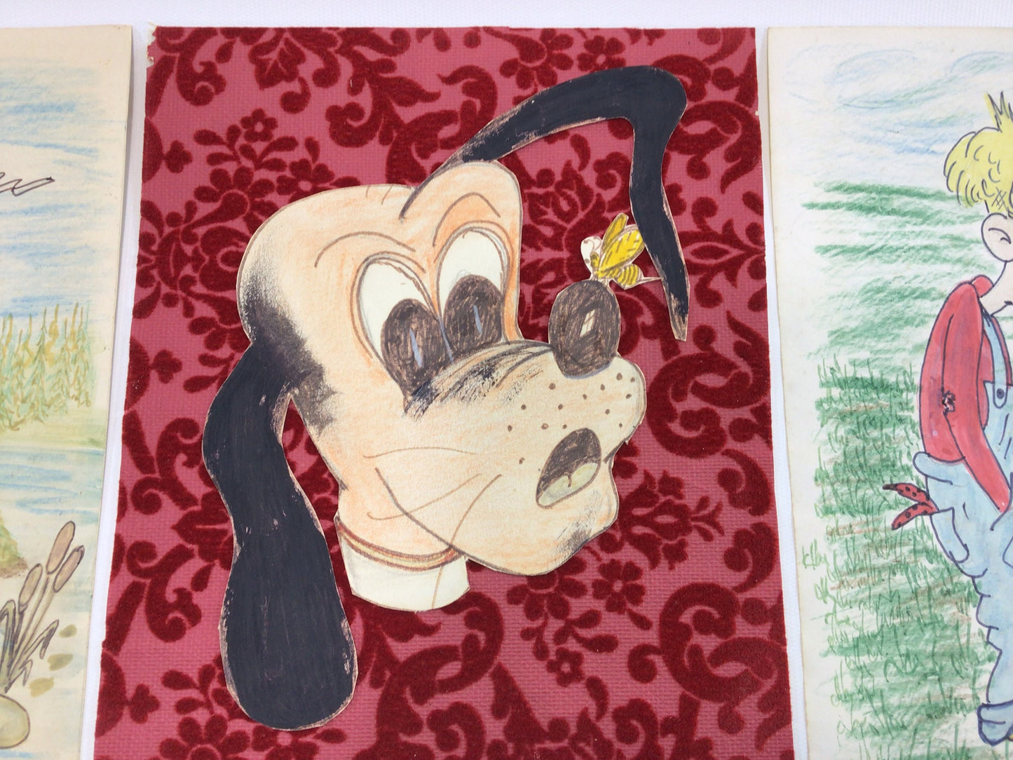 Disney Castle and Goofy Cartoon Art 3 Hand Drawn Colored Vintage Childs Wall Decor Artwork