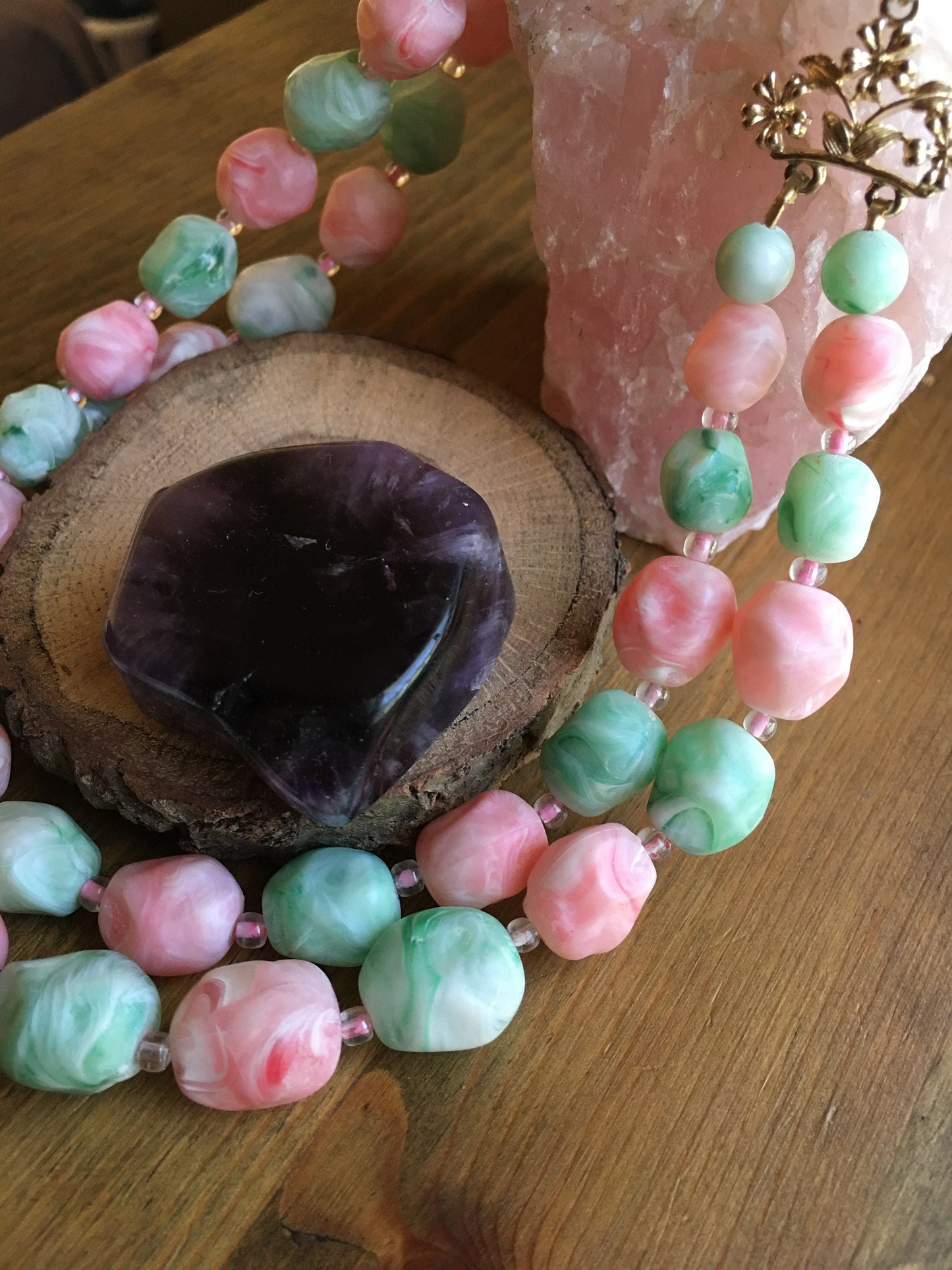 Coro Necklace Coral and Mint Green Bead Double Strand