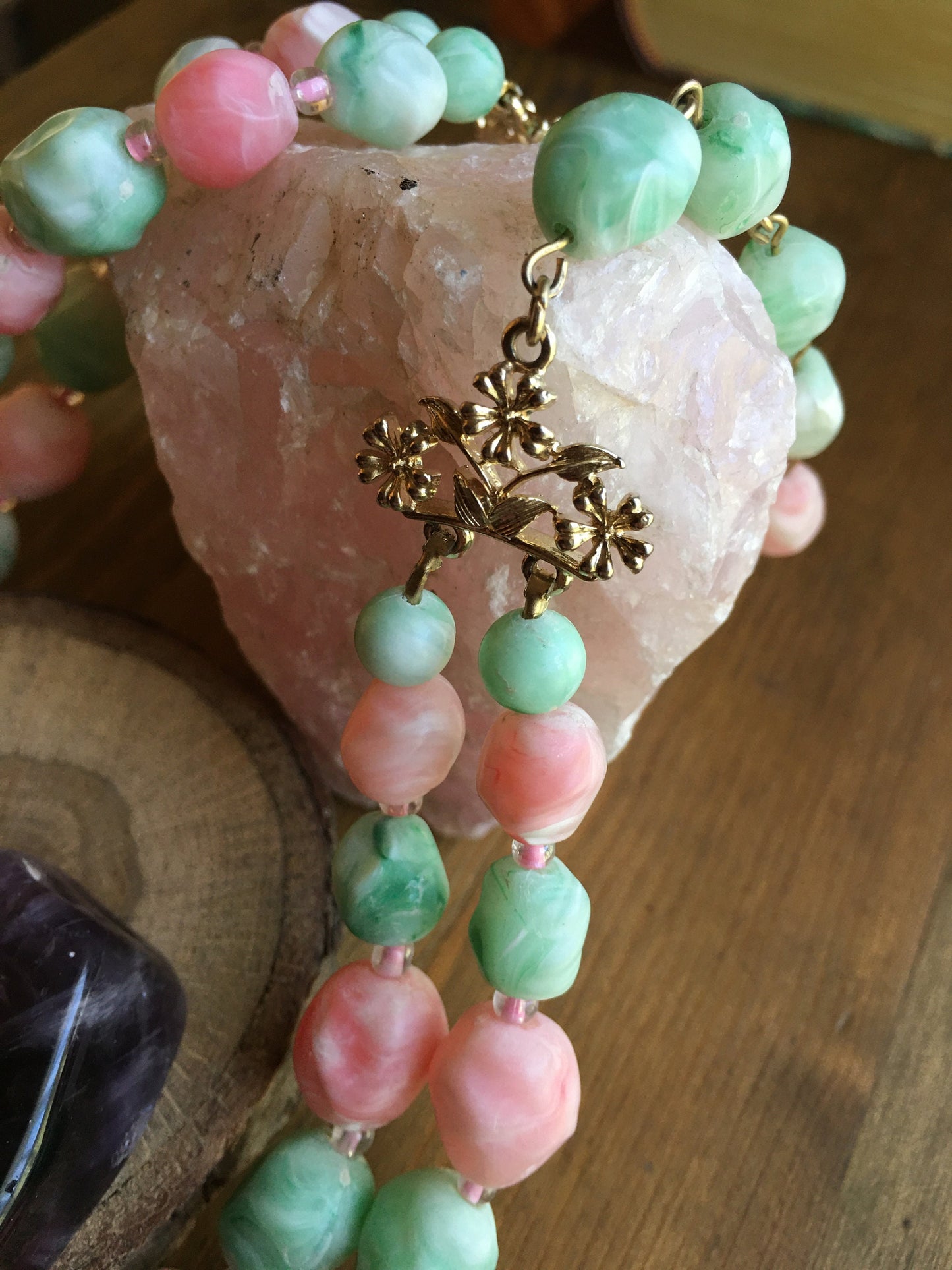 Coro Necklace Coral and Mint Green Bead Double Strand