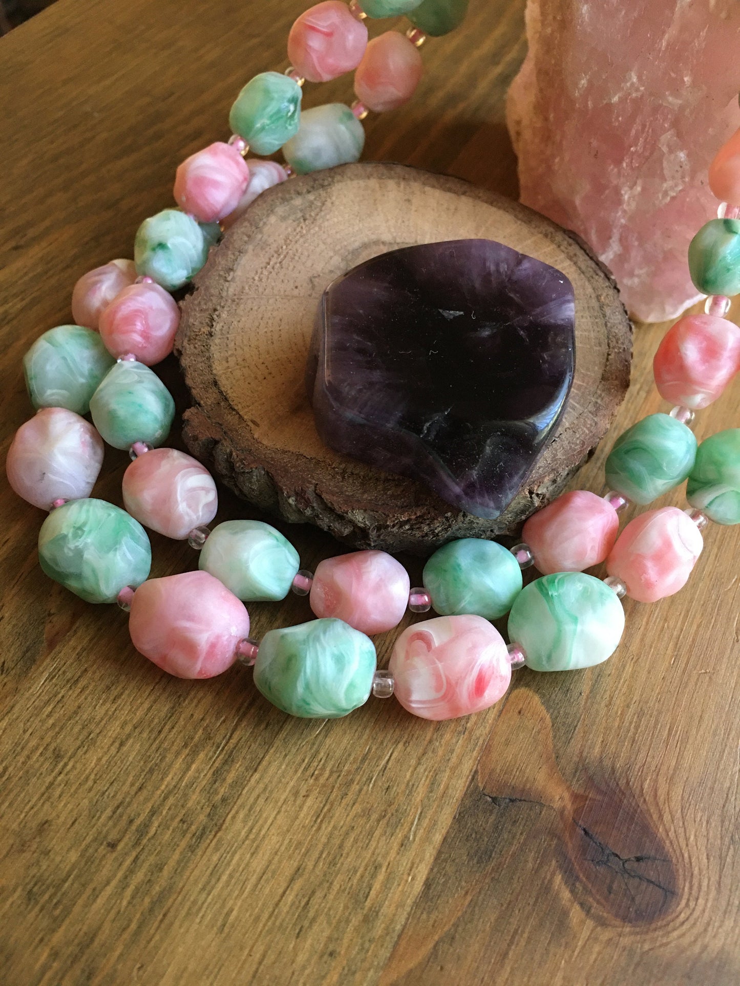 Coro Necklace Coral and Mint Green Bead Double Strand
