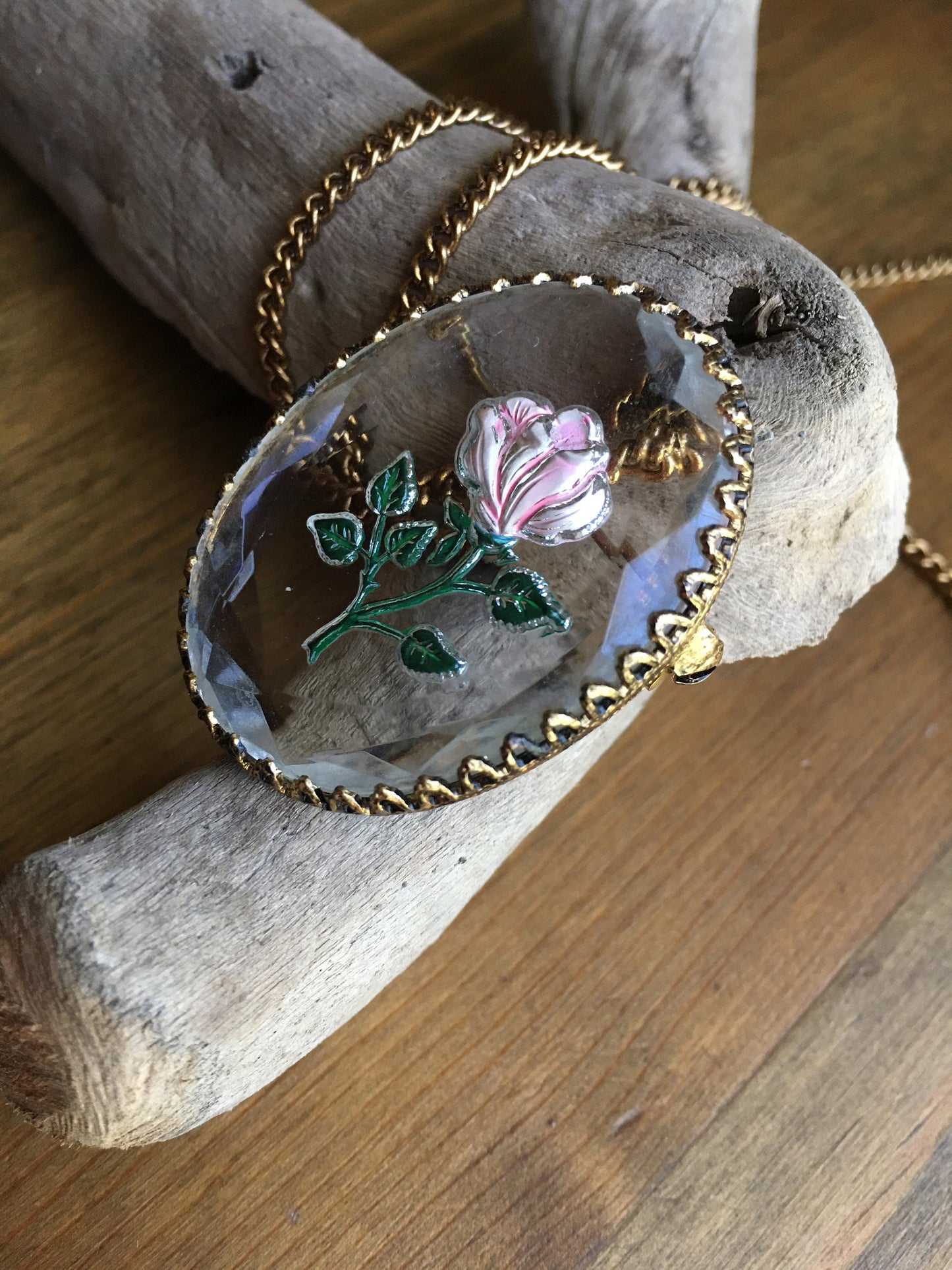 Rose Necklace Brooch Reverse Painted Cut Glass Antiqued Gold Tone Frame