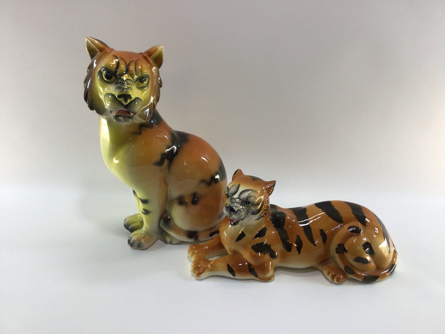 Ceramic Tiger Figurines 12" Hand Painted Mid Century Kitsch Decor Made in Japan