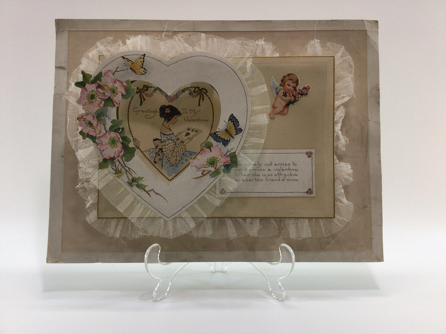Valentines Day Card Vintage Pop-up / Stand-up Die Cut with Lace Large 14" x 10"