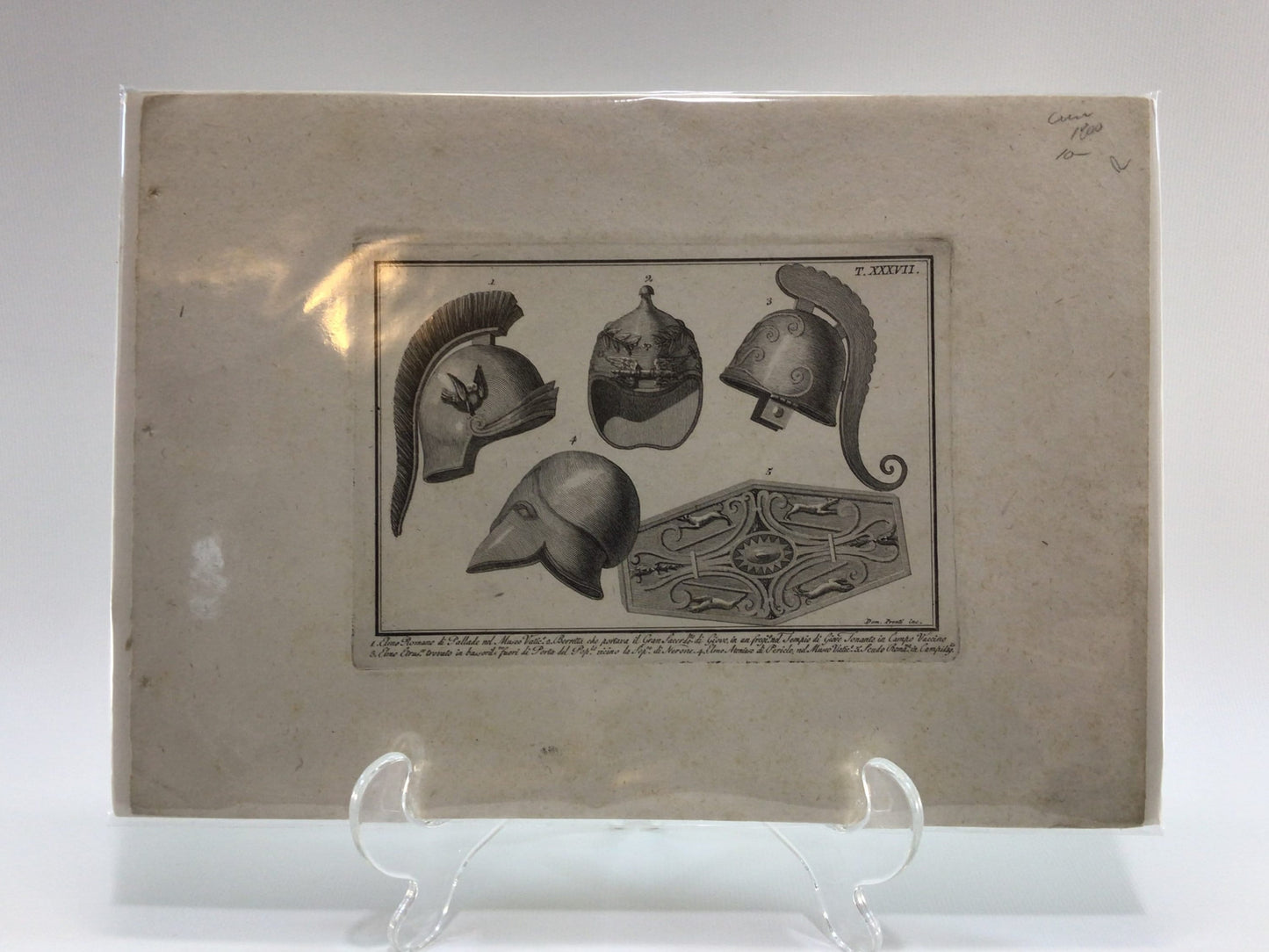 Antique Etching Roman Soldier Helmet Shield Copper Wall Shelf Art Library Study Dark Academia Book Print Home Decor circa 1800