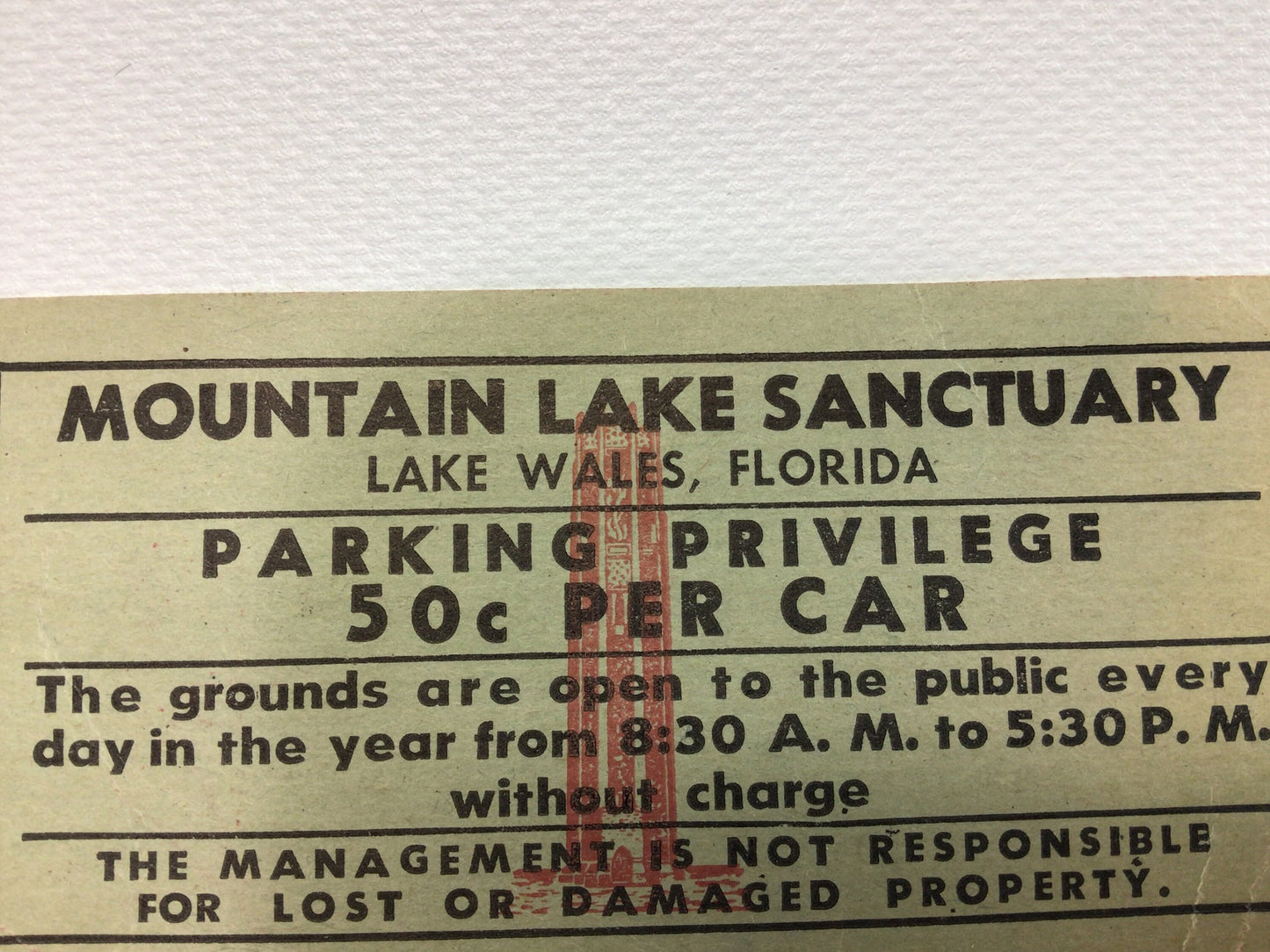 Mountain Lake Sanctuary Parking Ticket Vintage Lake Wales Florida Ephemera
