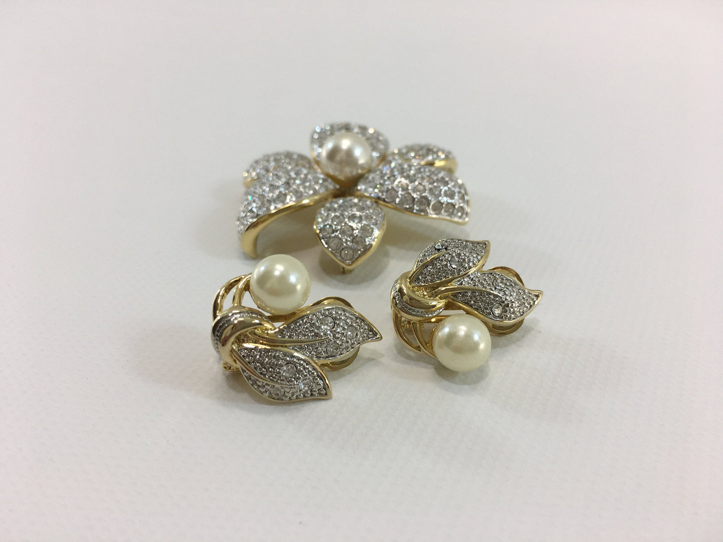 CIRO Pave Rhinestone and Pearl Brooch Large Flower and Leaf Clip Earrings