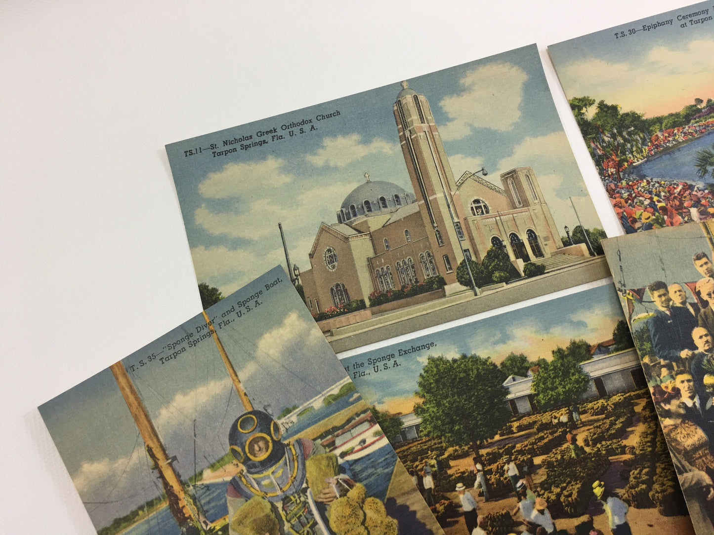 Florida Souvenir Postcards 6 Vintage Linen Souvenir Cards Greek Orthodox Church Epiphany Ceremony Good Sheperd Tarpon Springs