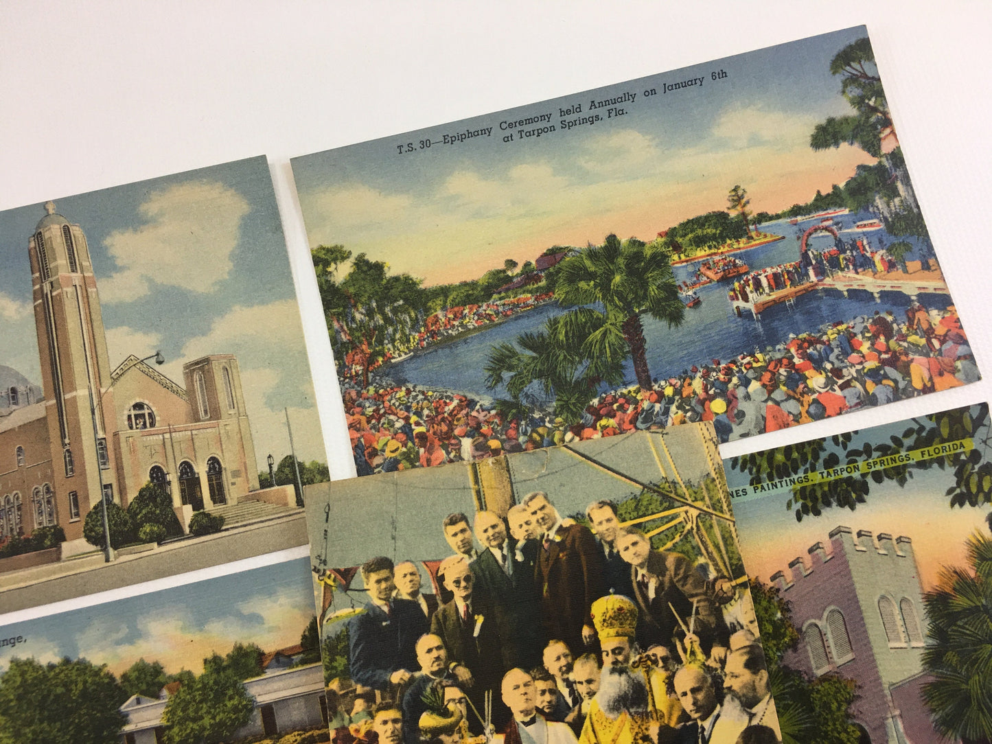 Florida Souvenir Postcards 6 Vintage Linen Souvenir Cards Greek Orthodox Church Epiphany Ceremony Good Sheperd Tarpon Springs