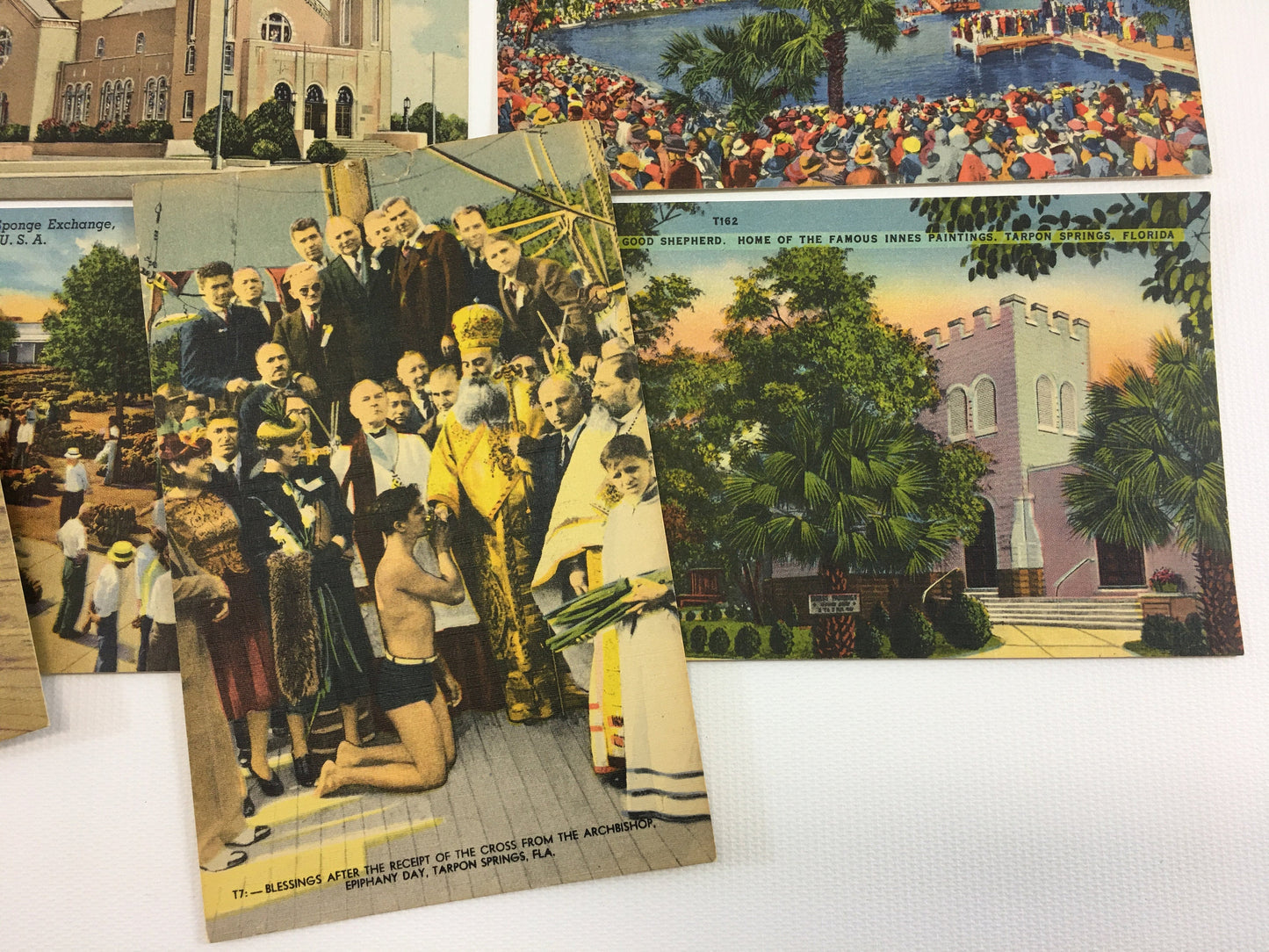 Florida Souvenir Postcards 6 Vintage Linen Souvenir Cards Greek Orthodox Church Epiphany Ceremony Good Sheperd Tarpon Springs