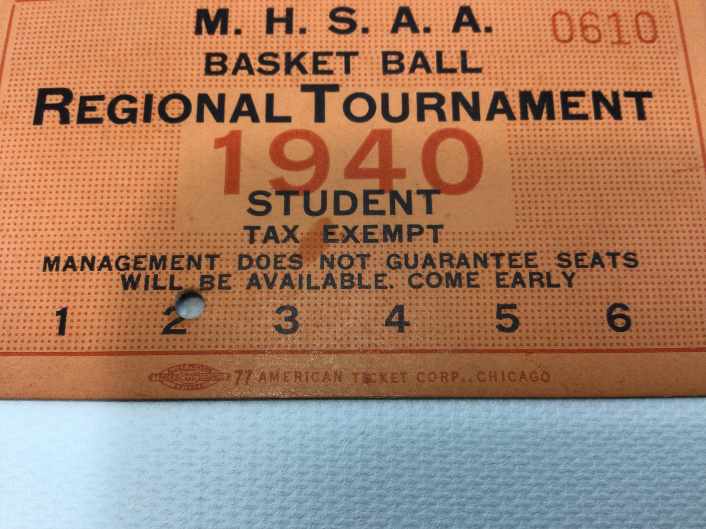 1940 Regional Basketball Tournament Student Ticket Michigan High School Vintage Ephemera