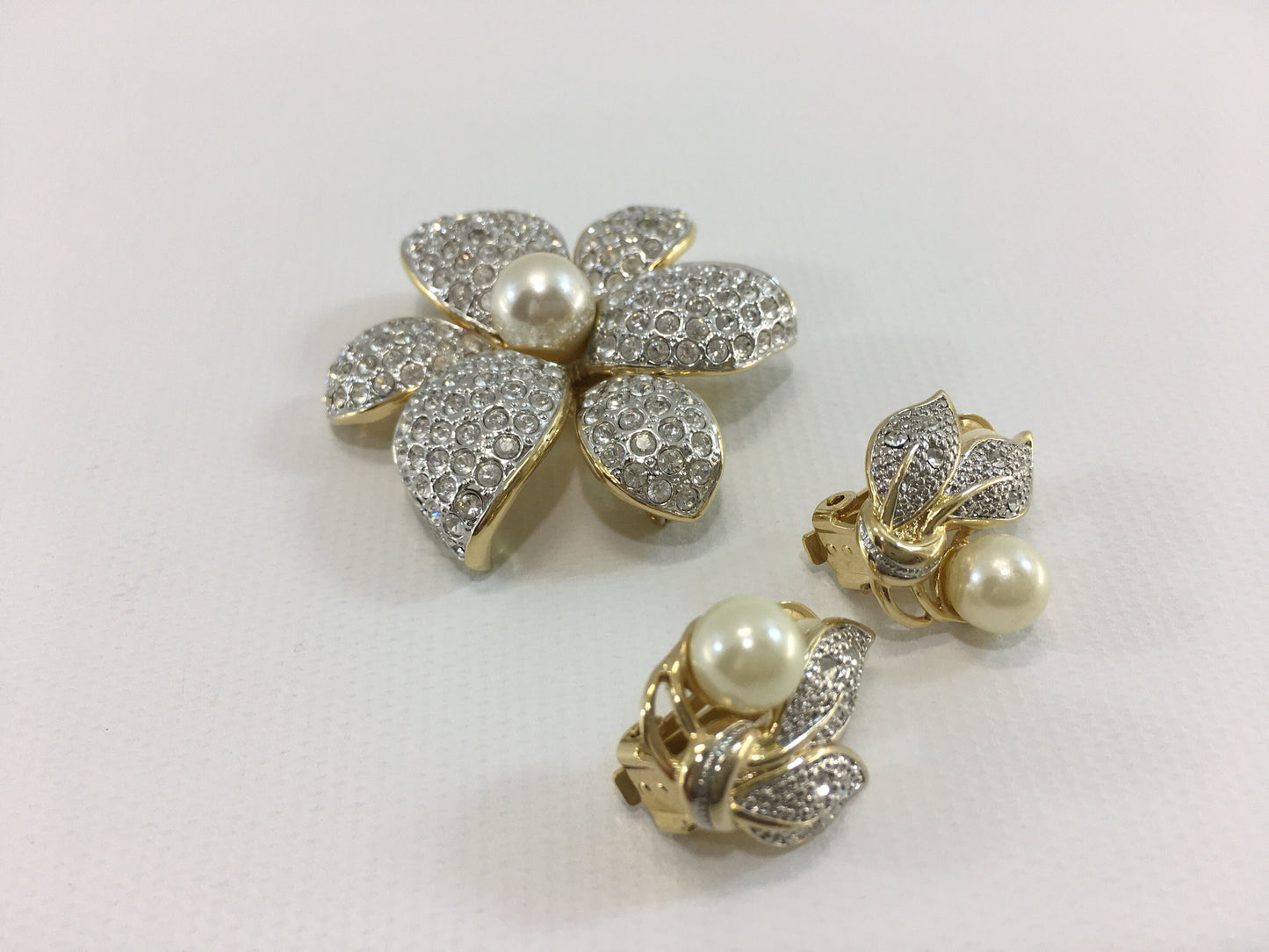 CIRO Pave Rhinestone and Pearl Brooch Large Flower and Leaf Clip Earrings