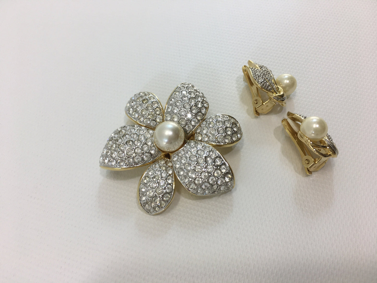 CIRO Pave Rhinestone and Pearl Brooch Large Flower and Leaf Clip Earrings