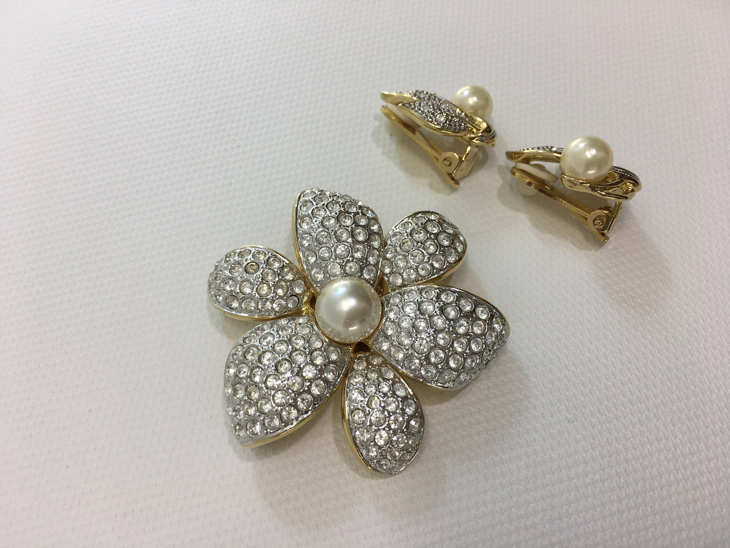 CIRO Pave Rhinestone and Pearl Brooch Large Flower and Leaf Clip Earrings
