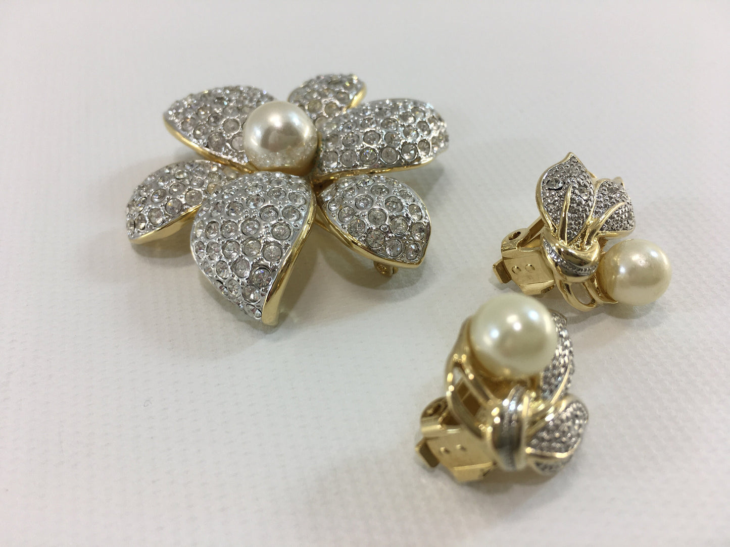 CIRO Pave Rhinestone and Pearl Brooch Large Flower and Leaf Clip Earrings