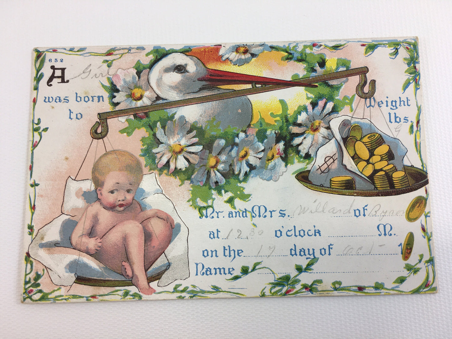 Baby Announcement Postcard Girl Willard Byron MI Genealogy Record