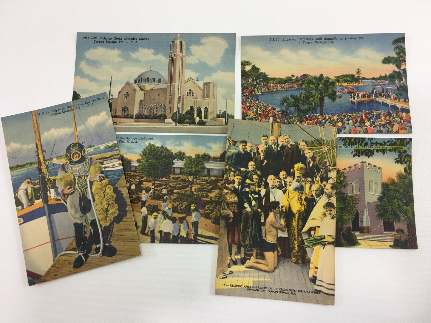 Florida Souvenir Postcards 6 Vintage Linen Souvenir Cards Greek Orthodox Church Epiphany Ceremony Good Sheperd Tarpon Springs