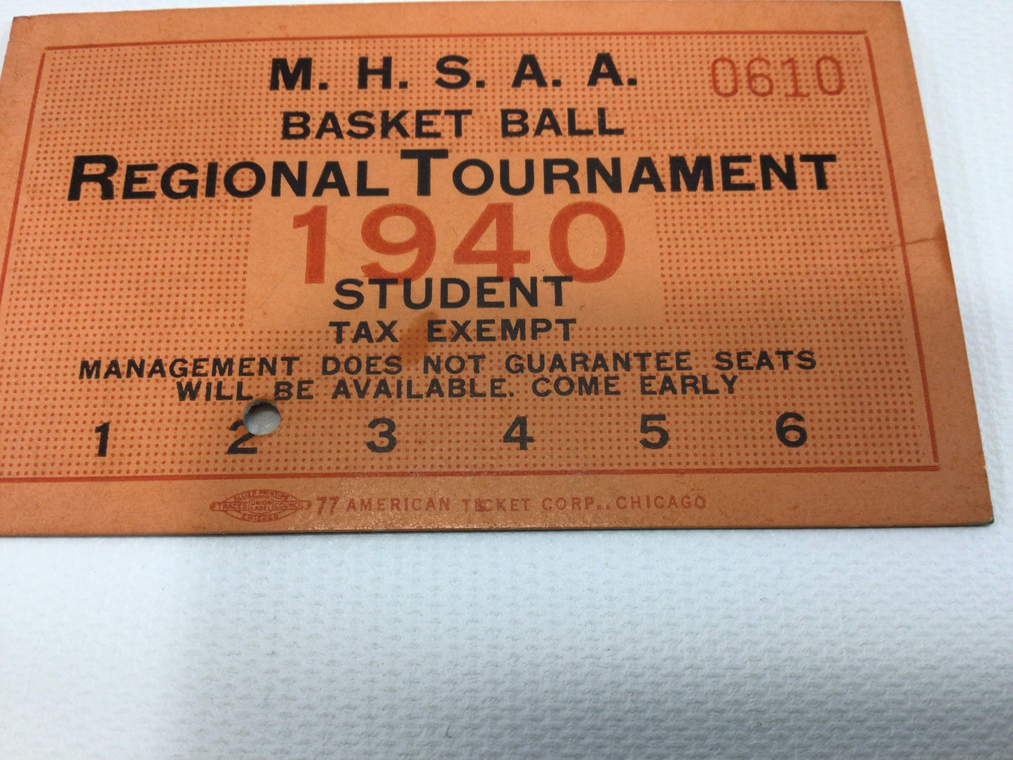 1940 Regional Basketball Tournament Student Ticket Michigan High School Vintage Ephemera