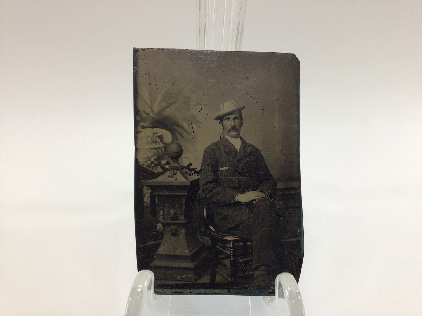 Antique Tintype Photograph of Cross Eyed Gentlemen wearing Straw Hat