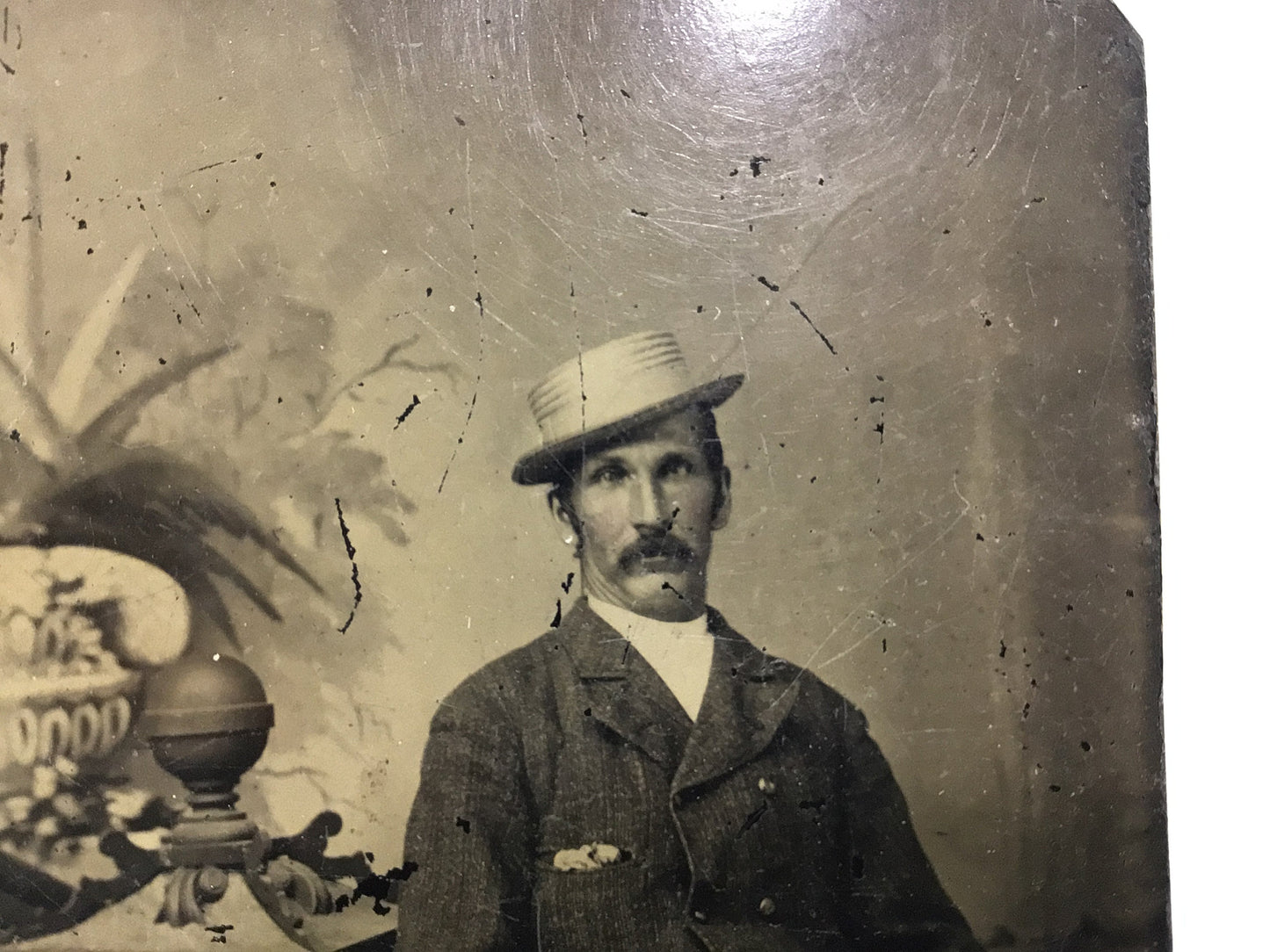 Antique Tintype Photograph of Cross Eyed Gentlemen wearing Straw Hat