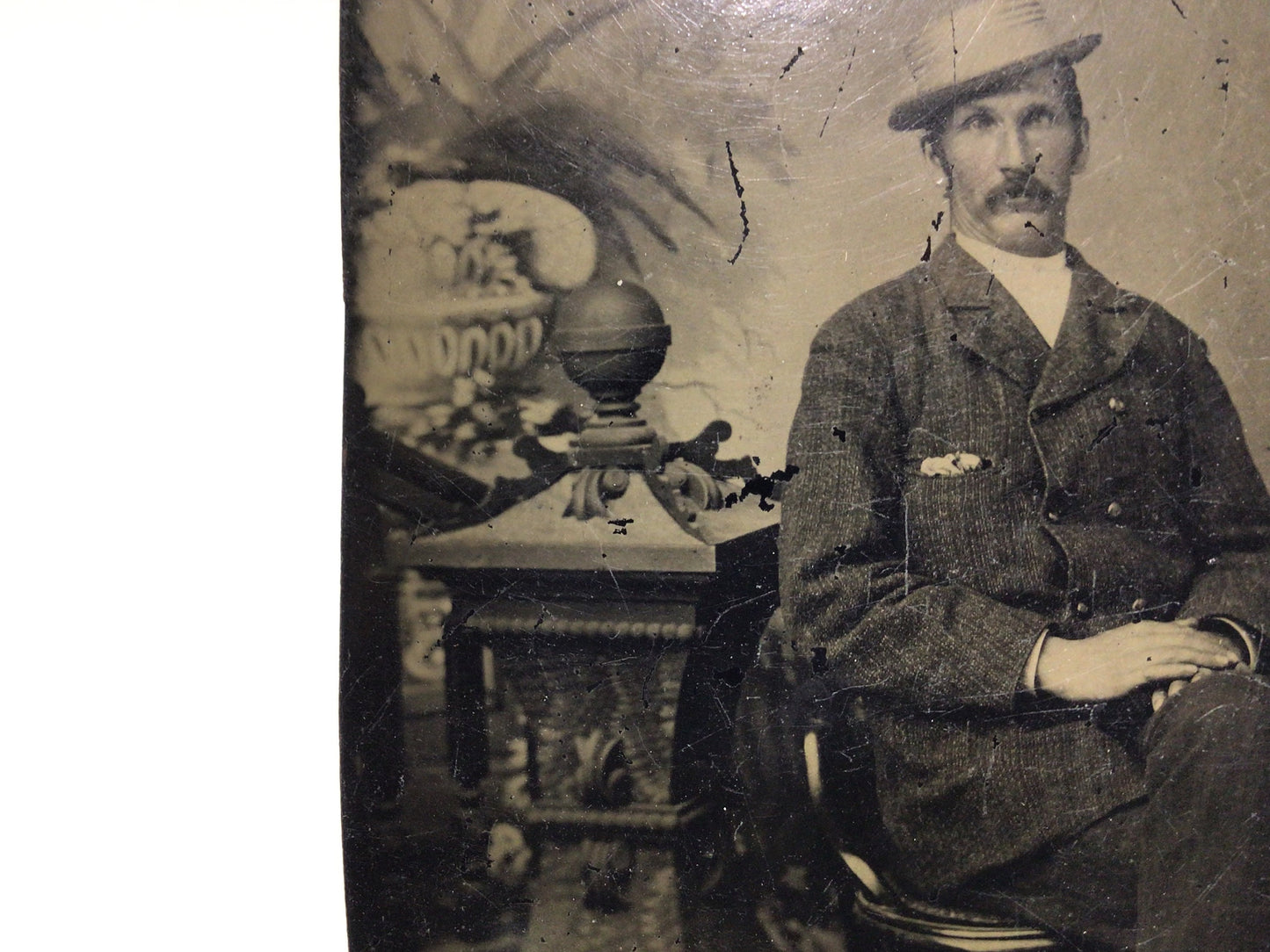 Antique Tintype Photograph of Cross Eyed Gentlemen wearing Straw Hat