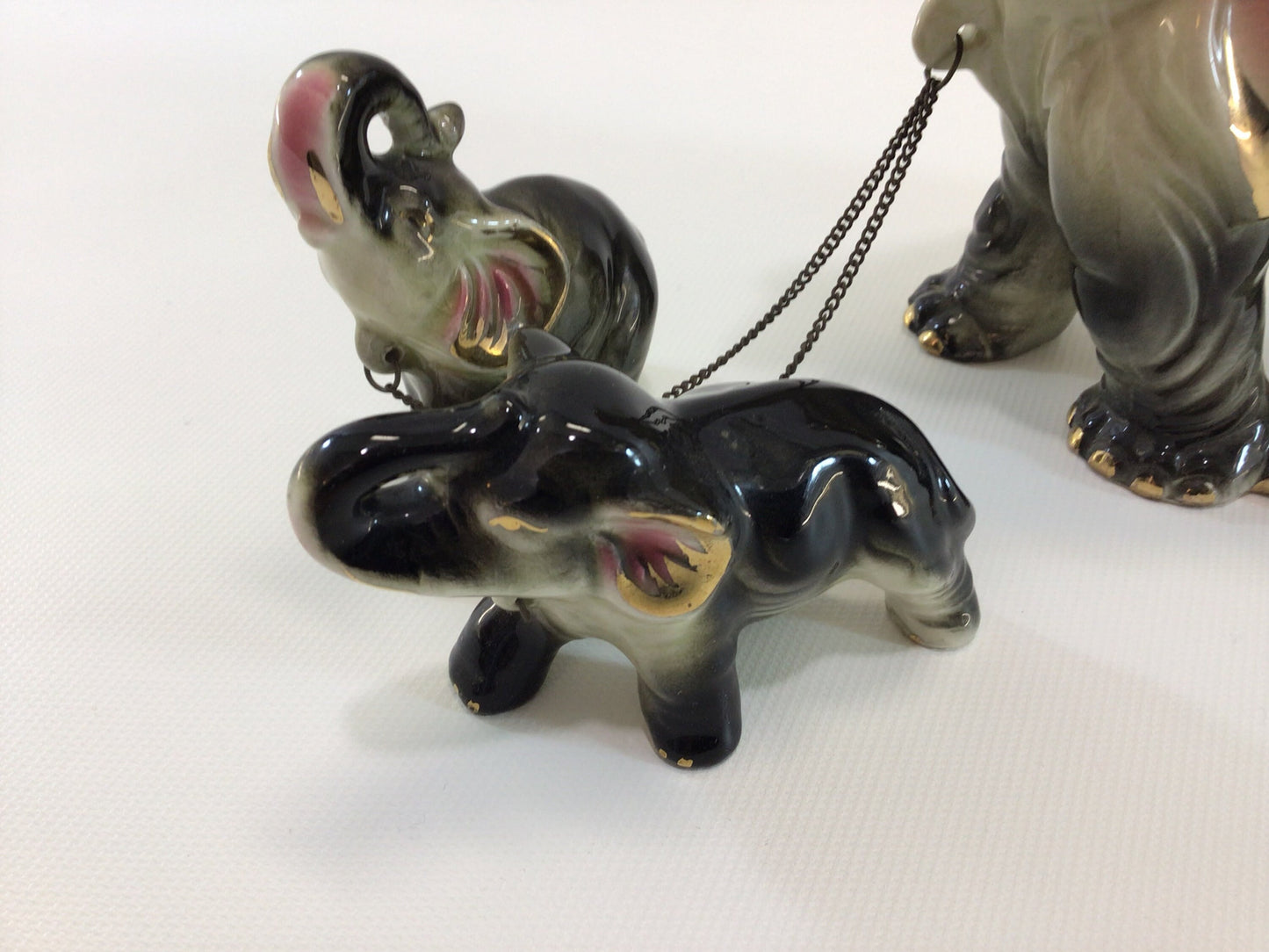 Chained Good Luck Elephants Ceramic Figurine Set Vintage Made in Japan Gold Gilt