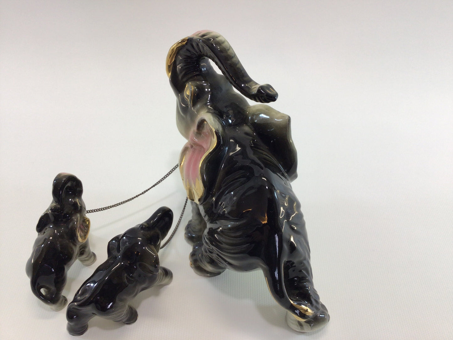 Chained Good Luck Elephants Ceramic Figurine Set Vintage Made in Japan Gold Gilt