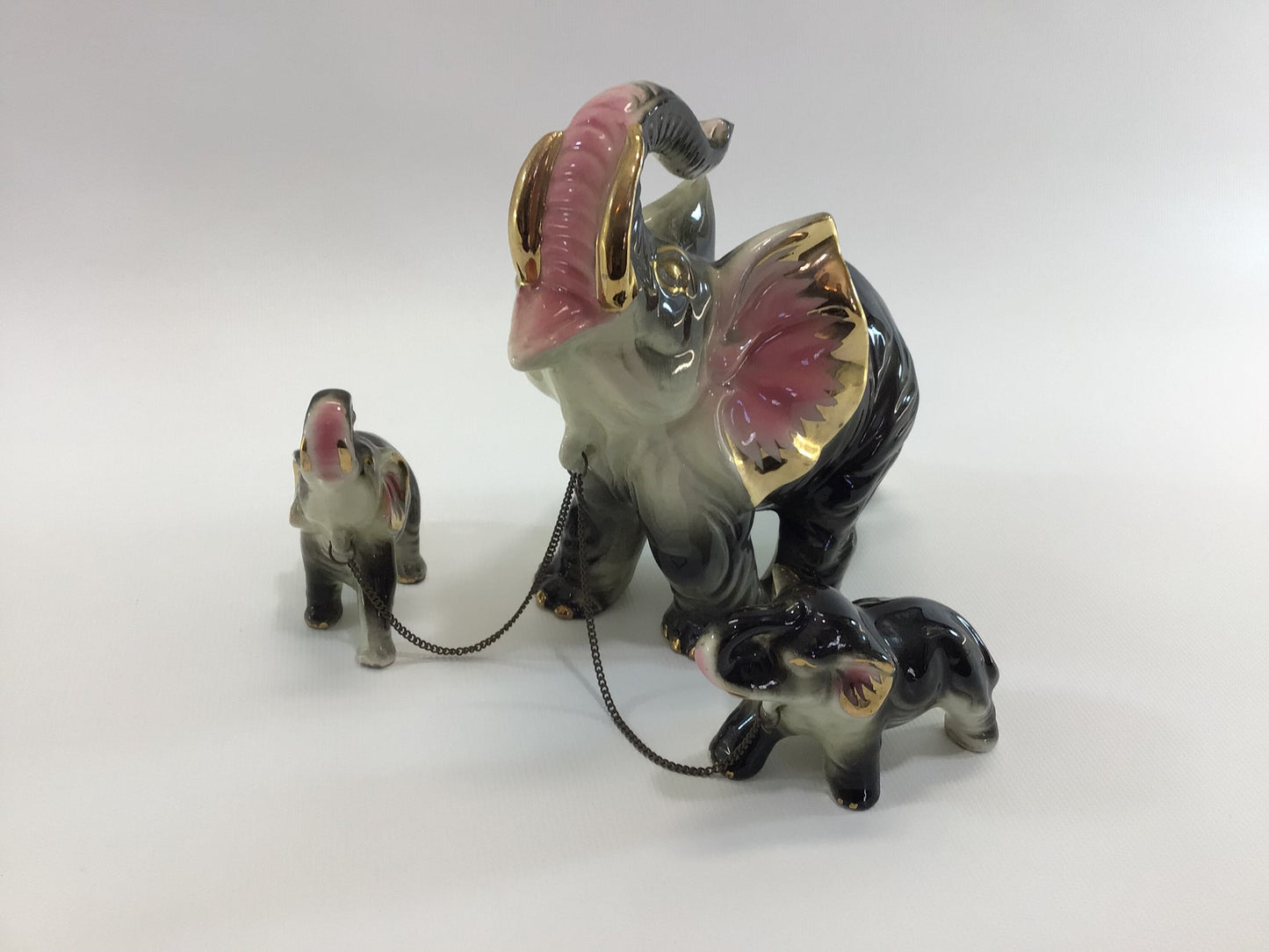 Chained Good Luck Elephants Ceramic Figurine Set Vintage Made in Japan Gold Gilt