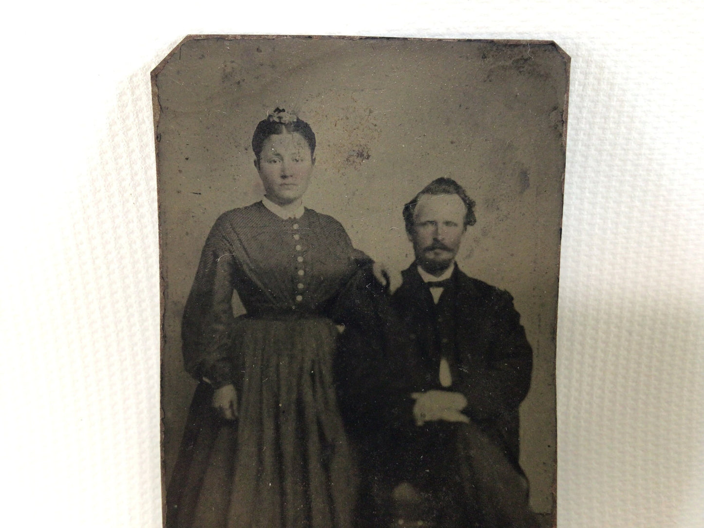 Antique Tintype Photograph Lady and Seated Gentleman