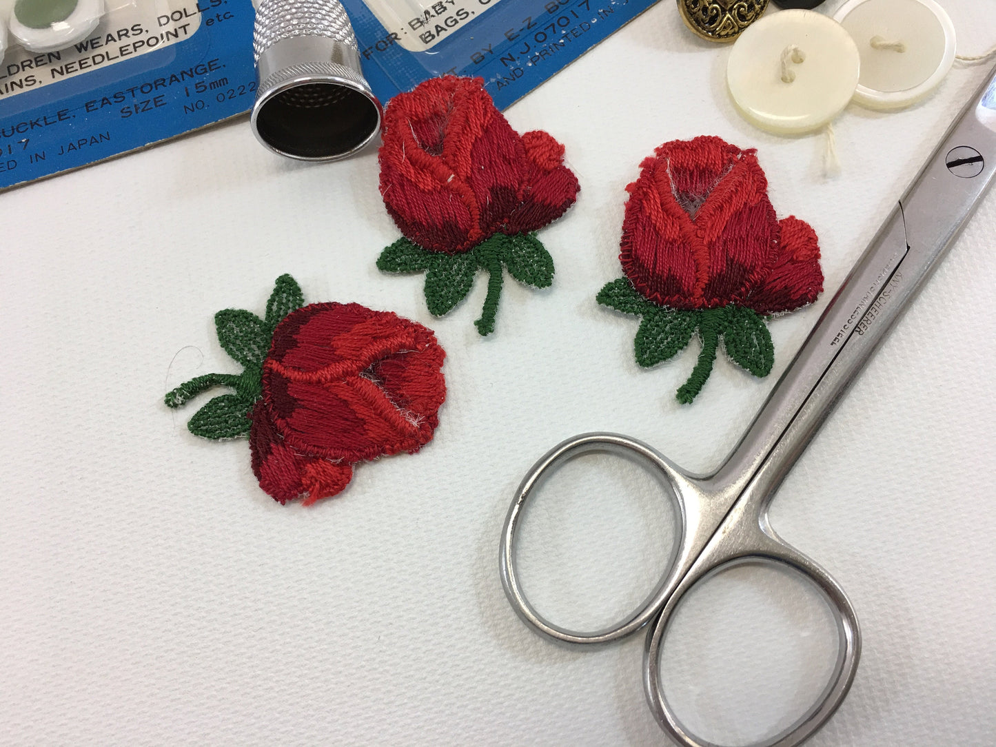 Sewing Notions Lot Vintage Rose Applique Thimble Buttons Pins German Scissor Marking Pencil Slow Stitch Tools Advertising Box