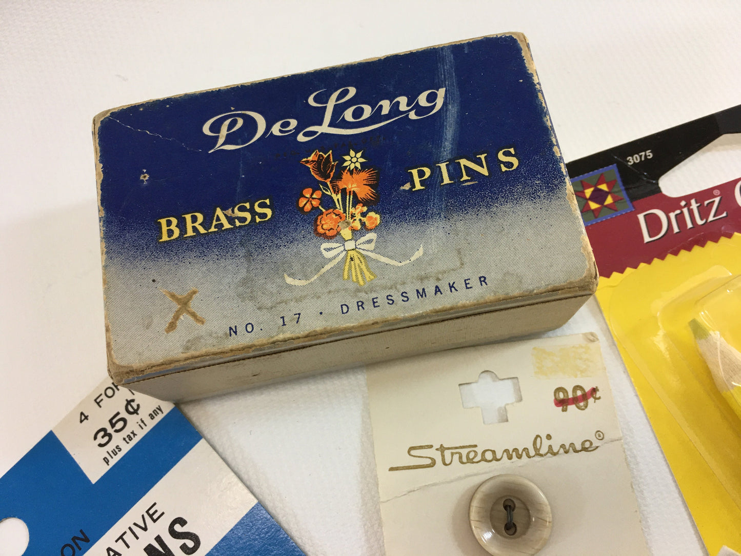 Sewing Notions Lot Vintage Rose Applique Thimble Buttons Pins German Scissor Marking Pencil Slow Stitch Tools Advertising Box