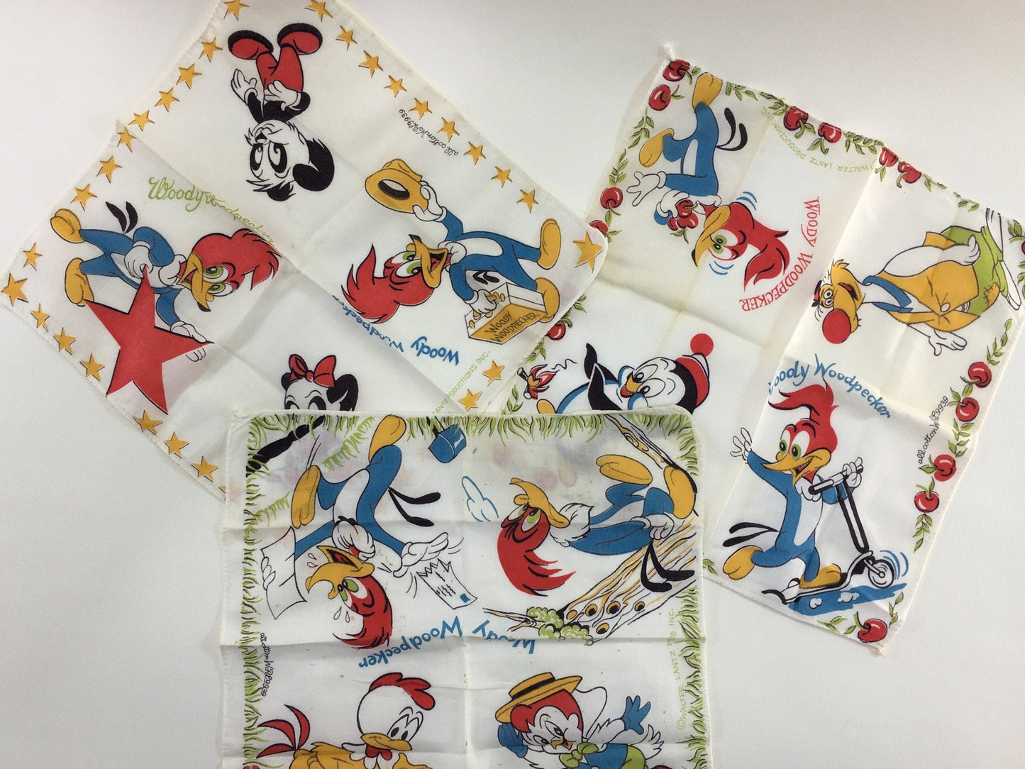 Cartoon Character Hanky Set Woody Woodpecker 3 Children's Story book Characters printed on 100% Cotton Vintage Kids Handkerchiefs