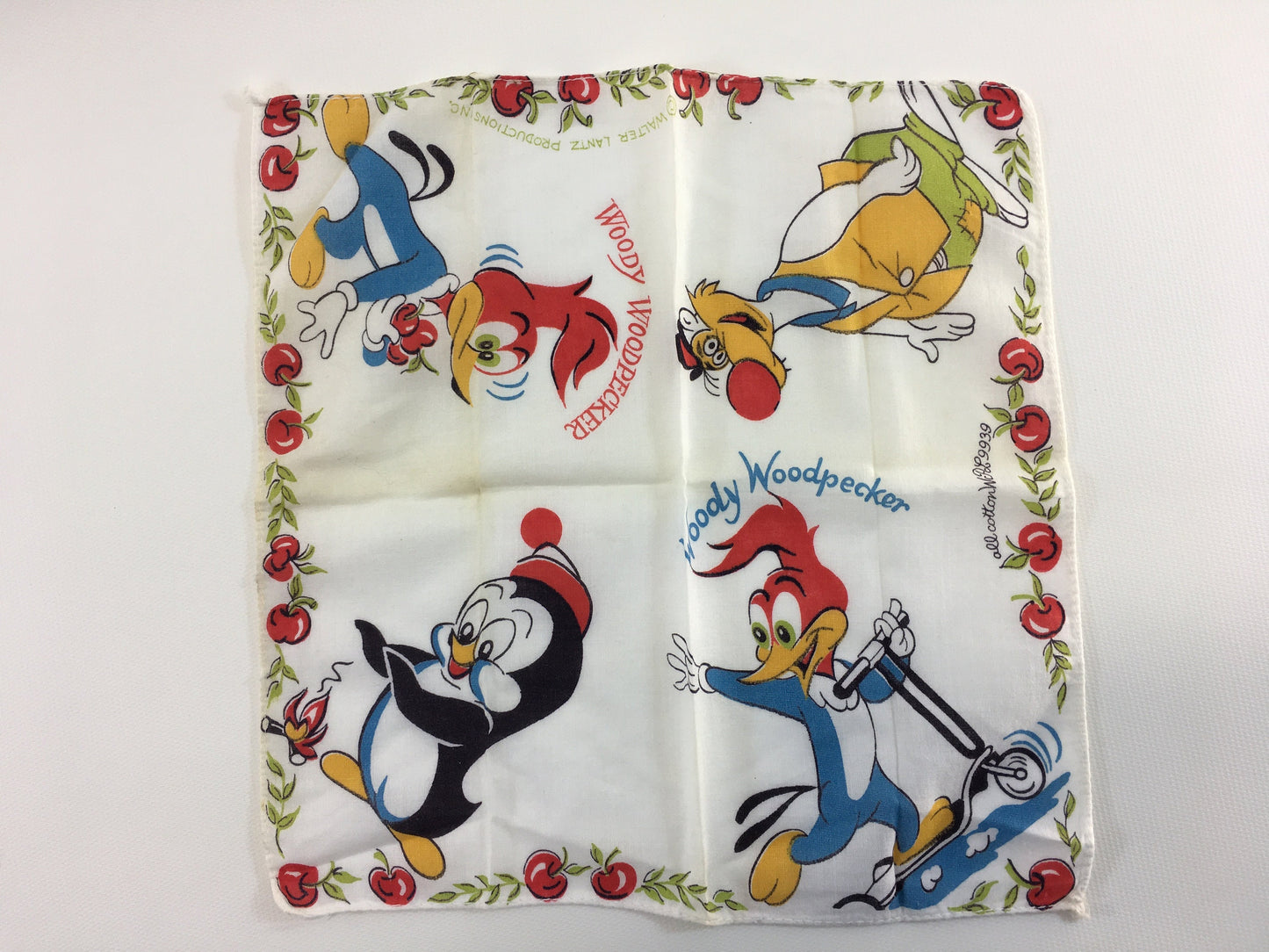 Cartoon Character Hanky Set Woody Woodpecker 3 Children's Story book Characters printed on 100% Cotton Vintage Kids Handkerchiefs