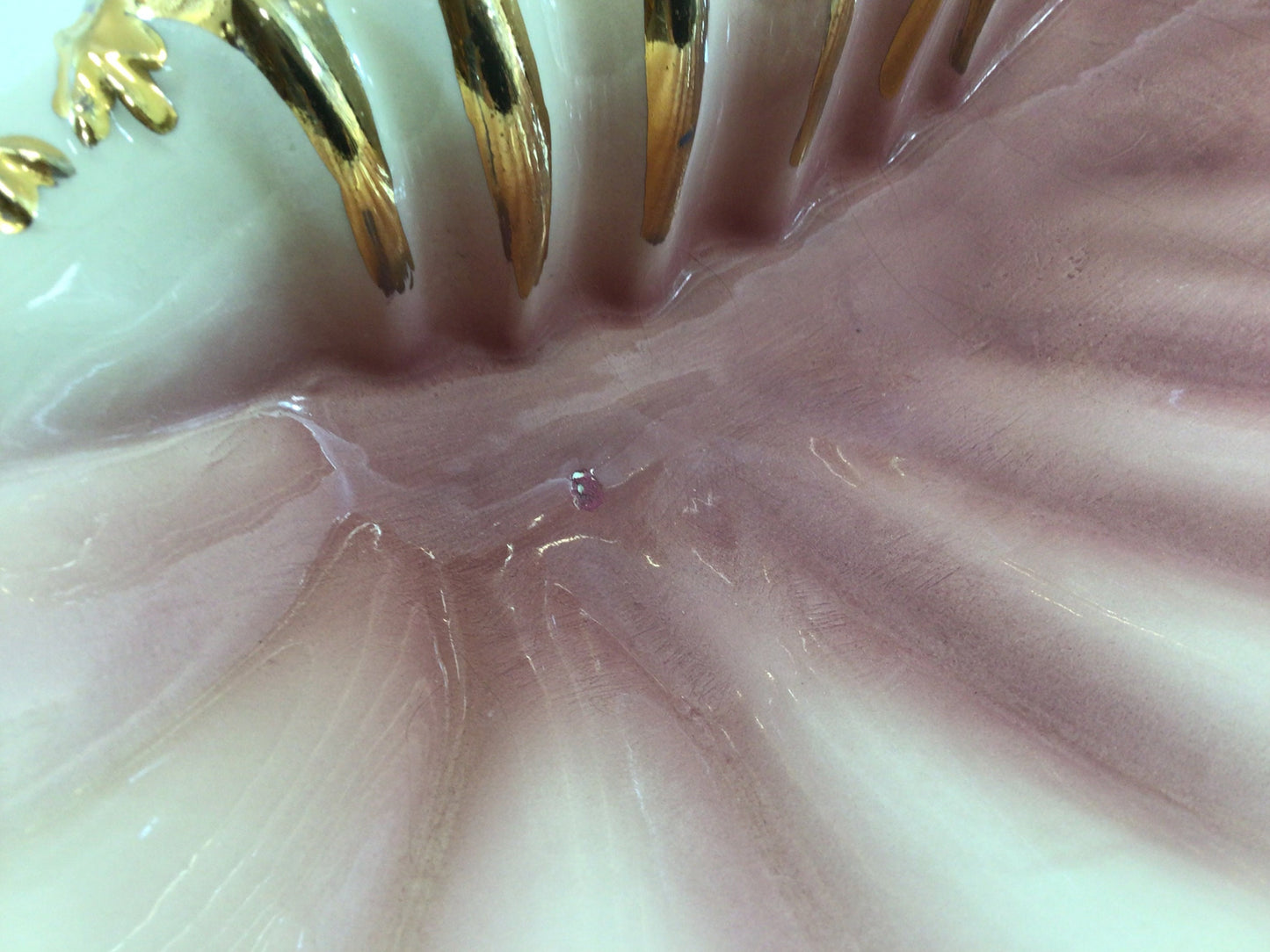 Mid Century 14" Seashell Dish Ceramic White Pink with Gold Paint Highlights