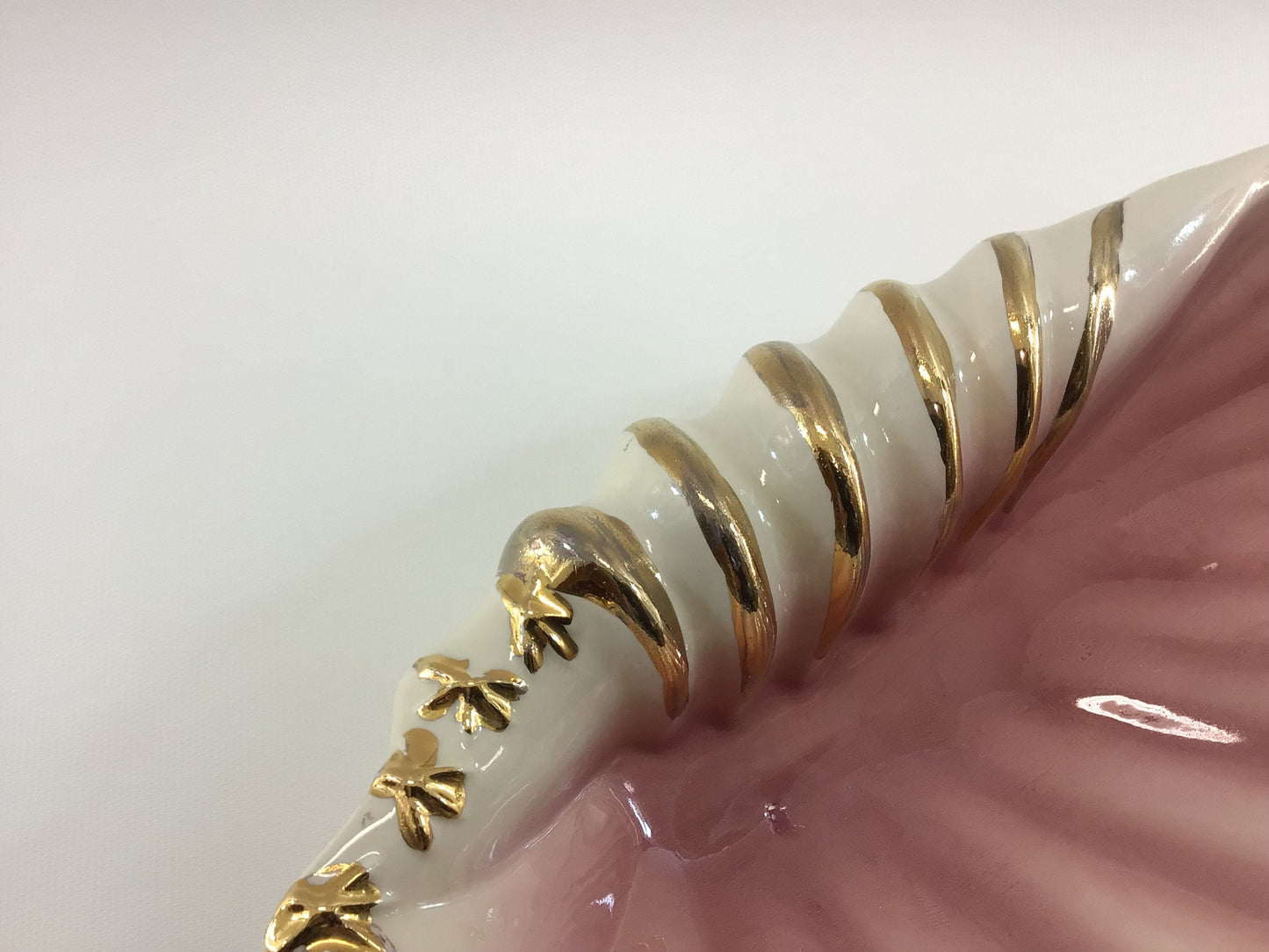 Mid Century 14" Seashell Dish Ceramic White Pink with Gold Paint Highlights