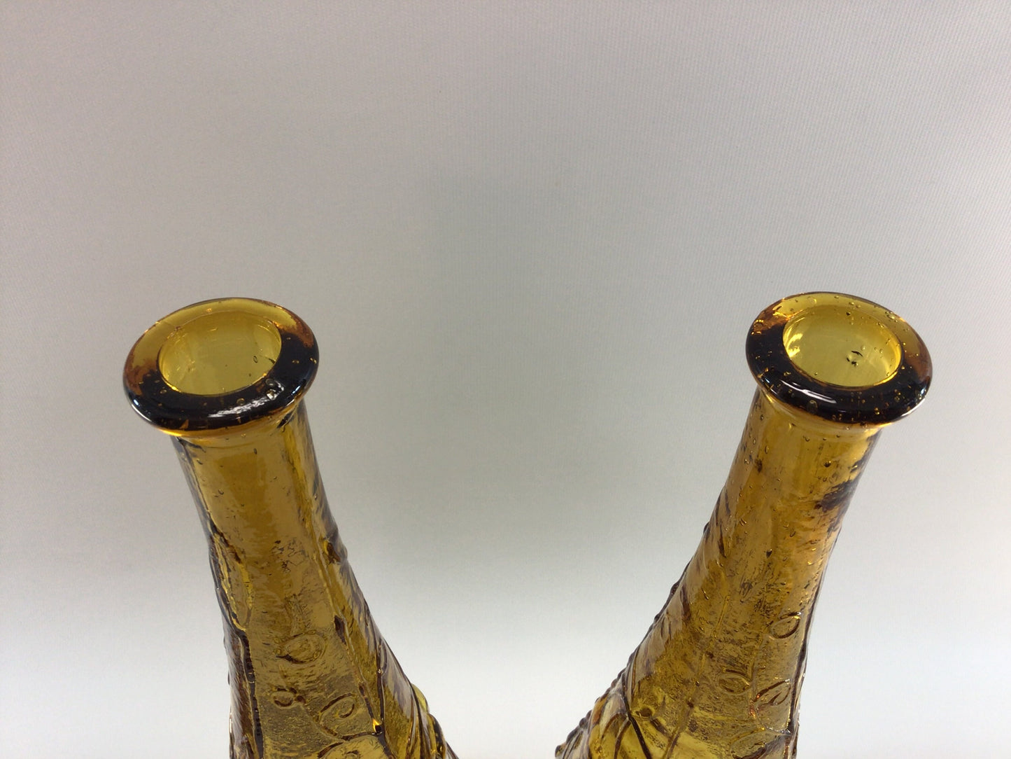 Vintage Genie Bottle Set Pair of Empoli Italian Art Glass 22" Decanter Bottles Amber Color Mid Century Home Decor