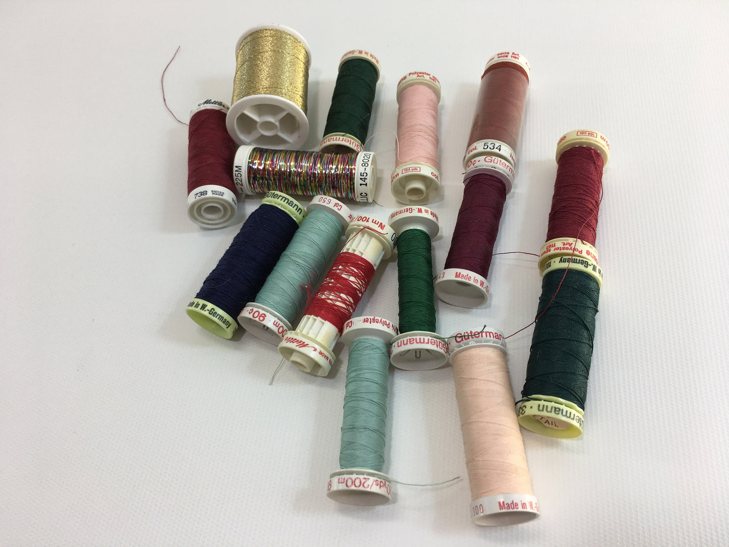 Sewing Thread Guttermann Mettler Metrosene Polyester Thread Lot Greens Burgundy Multi Metallic Gold Made in West Germany