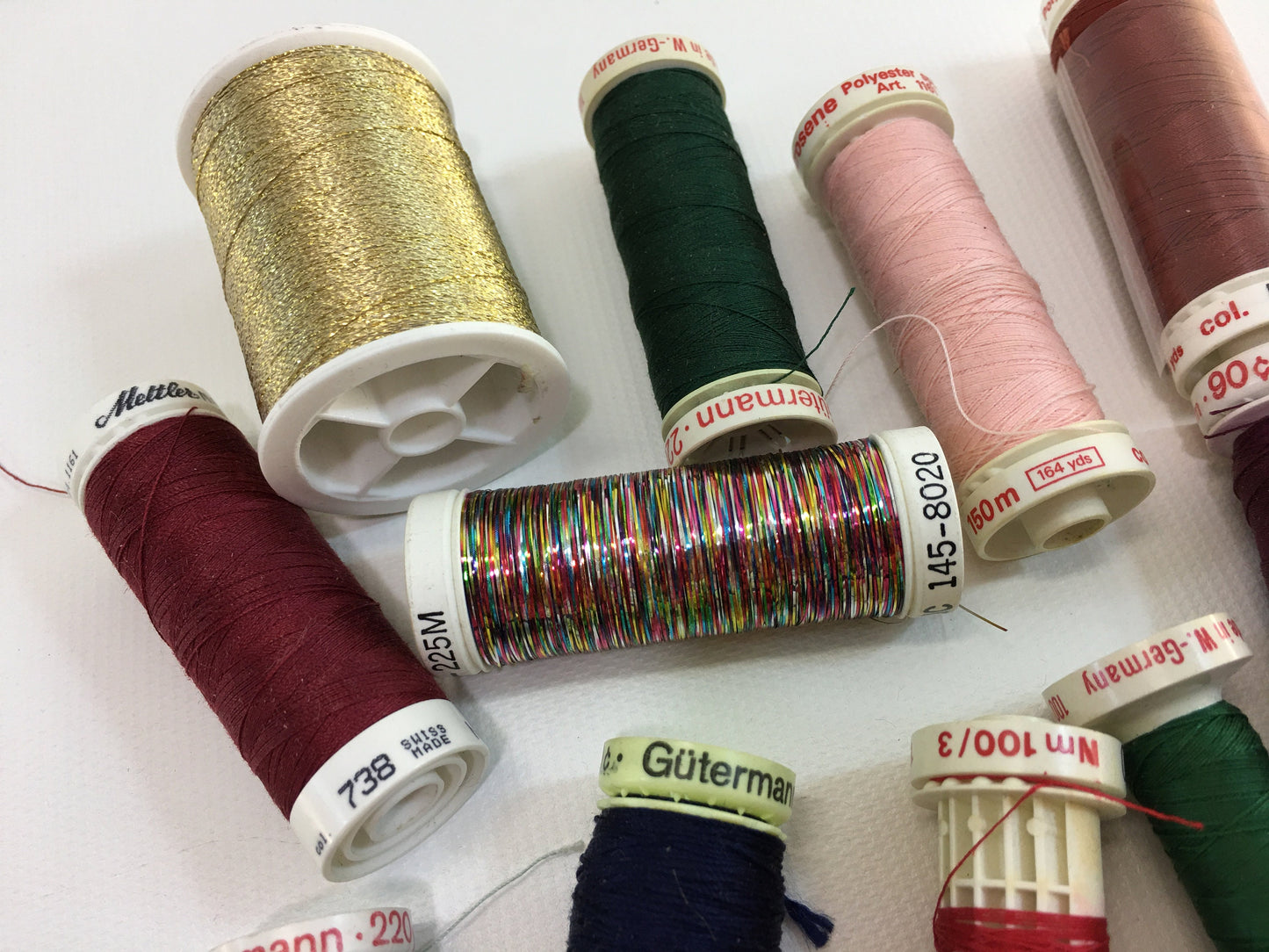 Sewing Thread Guttermann Mettler Metrosene Polyester Thread Lot Greens Burgundy Multi Metallic Gold Made in West Germany
