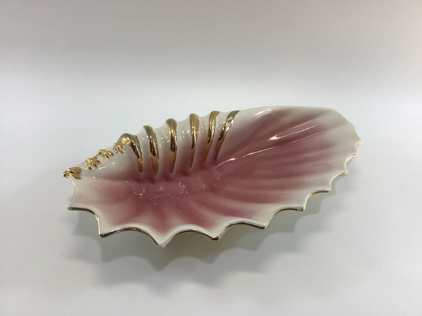 Mid Century 14" Seashell Dish Ceramic White Pink with Gold Paint Highlights