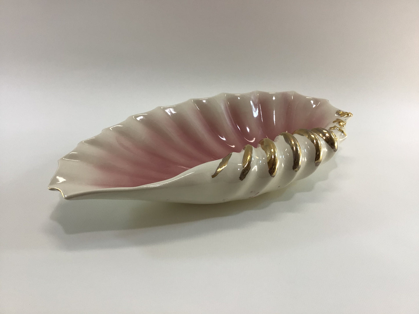 Mid Century 14" Seashell Dish Ceramic White Pink with Gold Paint Highlights