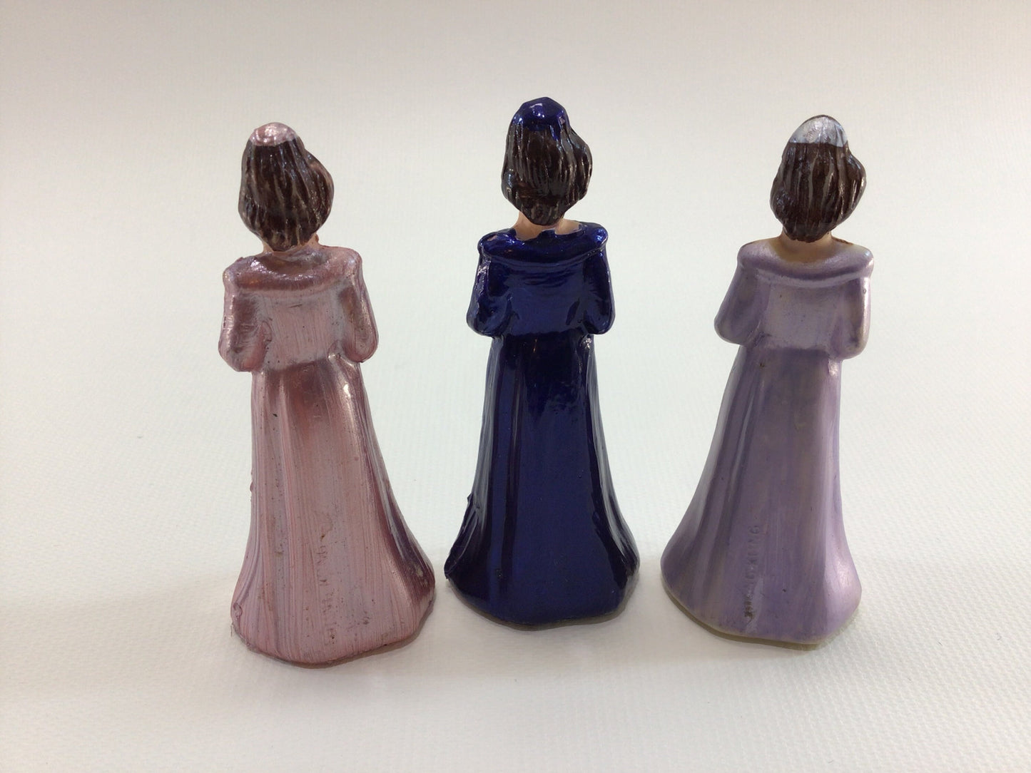 Vintage Wedding Cake Toppers 3" Plastic Bridesmaid Maid of Honor Made in Hong Kong 3 Figures Blue Pink Purple
