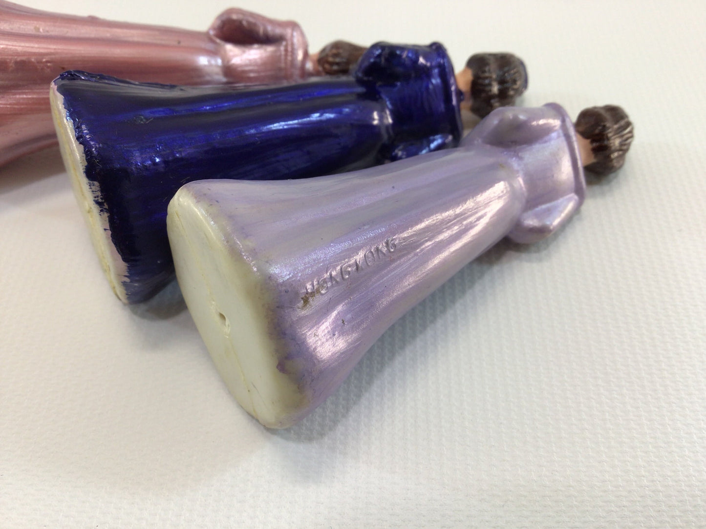 Vintage Wedding Cake Toppers 3" Plastic Bridesmaid Maid of Honor Made in Hong Kong 3 Figures Blue Pink Purple