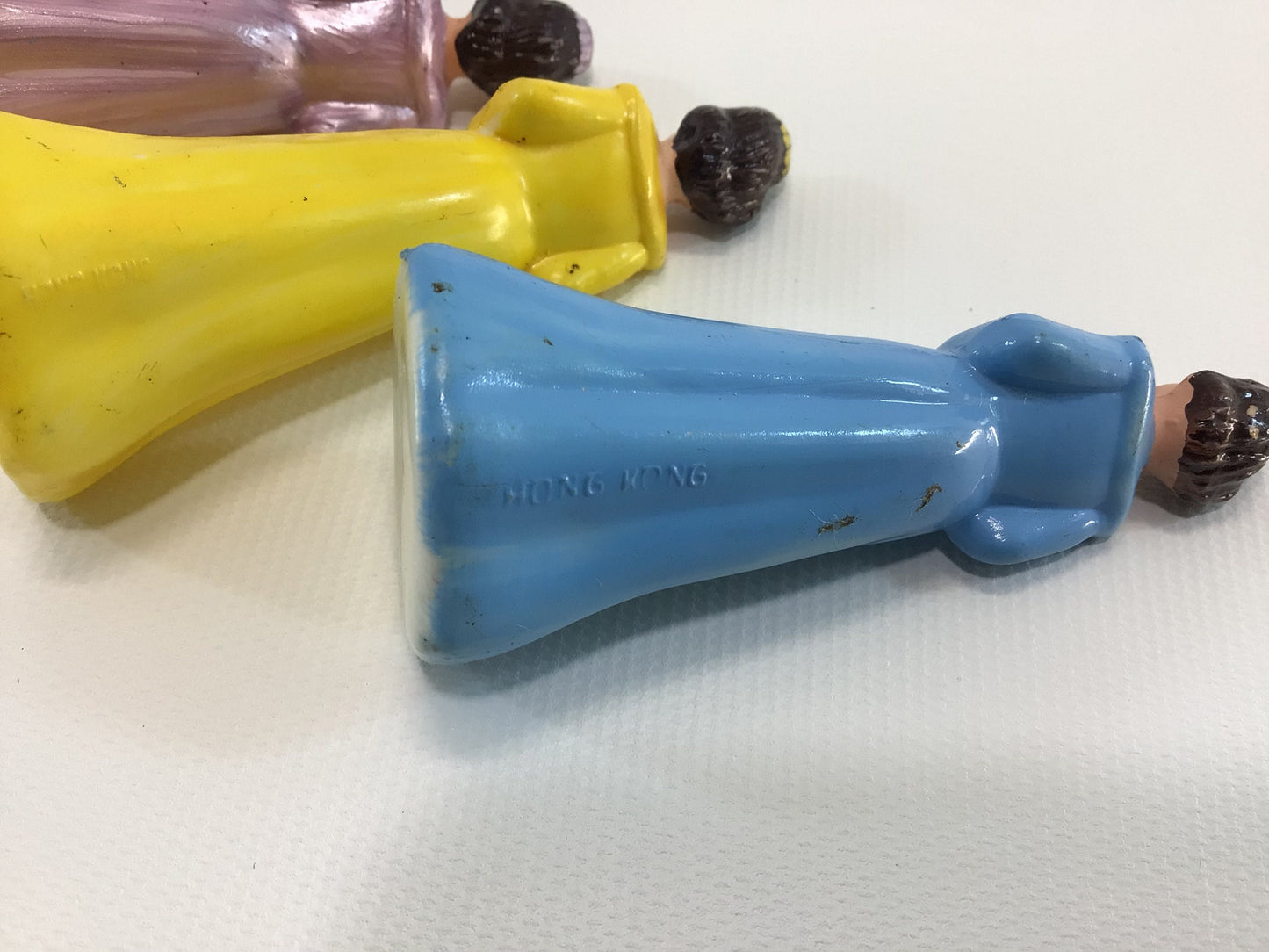 Vintage Wedding Cake Toppers 3" Plastic Bridesmaid Maid of Honor Made in Hong Kong 3 Figures Blue Pink Yellow